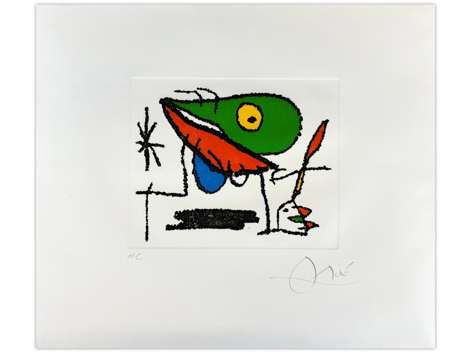 Joan Miro, El Sobreviviente Visita Los Pajaros: Joan Miro (Spanish, 1893-1938) ''El Sobreviviente Visita los Pajaros'' 1972 Etching with Aquatint. Sight seen approx. 7" x 9". Pencil signed lower right and notated lower left "HC" (Hors de Commerce).