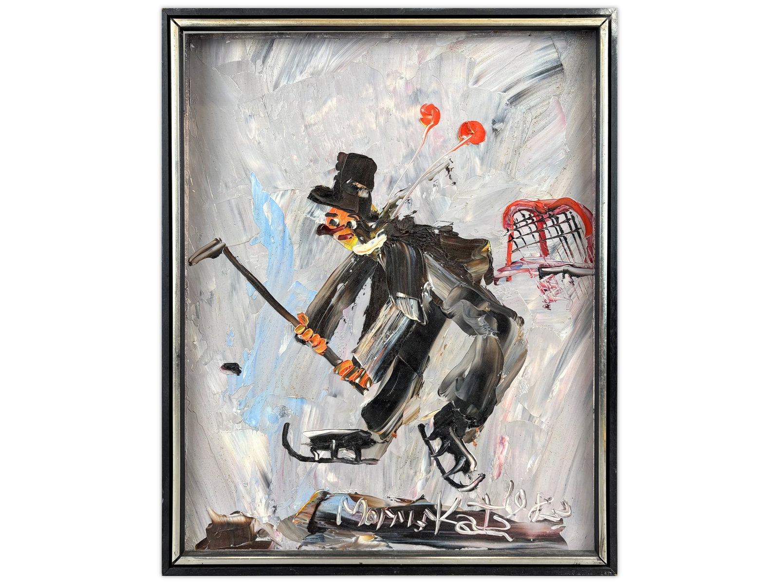 Morris Katz Mixed Media Painting on Masonite: Morris Katz (American, 1932-2010). Mixed media painting on masonite depicting a whimsical figure in winter attire skating across the ice while carrying a hockey stick, rendered in Katz's distinctive