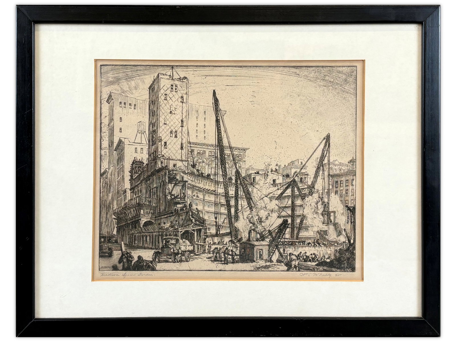 William C. McNulty, Madison Square Garden Etching: Original etching by William Charles McNulty (1884-1963), pencil signed and dated lower right 1925, and pencil titled lower left "Madison Square Garden". Great image showing the demolition of the old M