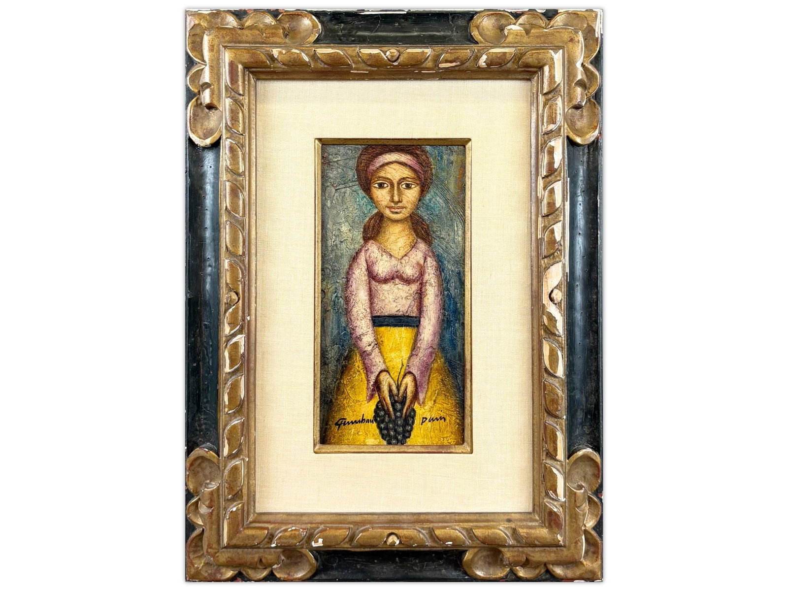 Jose Vidal Gumbau, Woman with Grapes, O/C: Jose Vidal Gumbau (Spain/France, 1907-1989) oil on canvas depicting a stylized female figure holding a cluster of grapes, rendered in the artist?s distinctive modernist manner. Signed lower left. Sigh