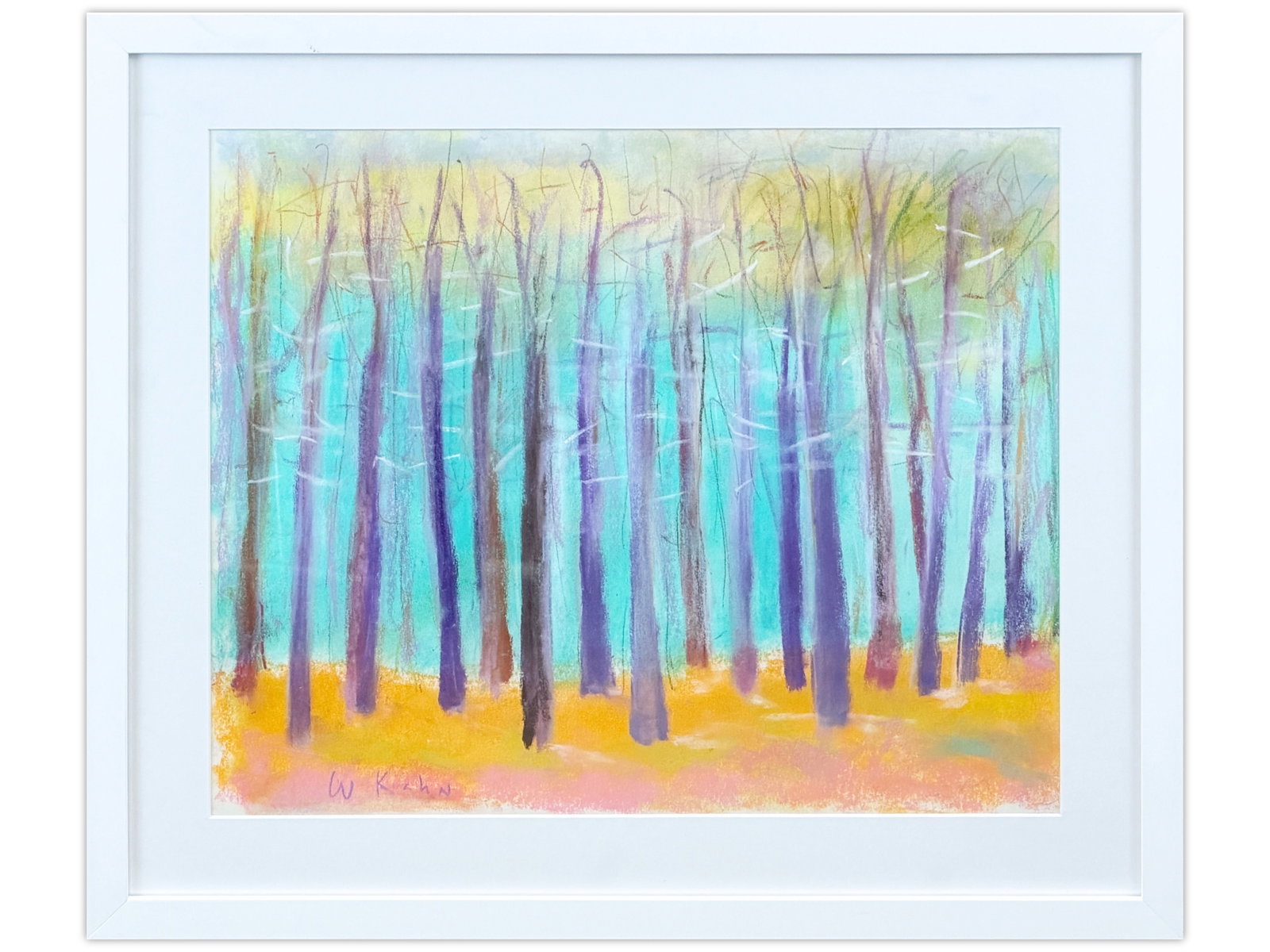 Wolf Kahn Tree Screen Pastel: Pastel on paper by Wolf Kahn "Tall Trees Over Teal" depicting a tree screen. Framed, with frame measuring approximately 21 1/4 x 18 1/4 inches and sight seen measuring approximately 16 1/2 x 13 1/2
