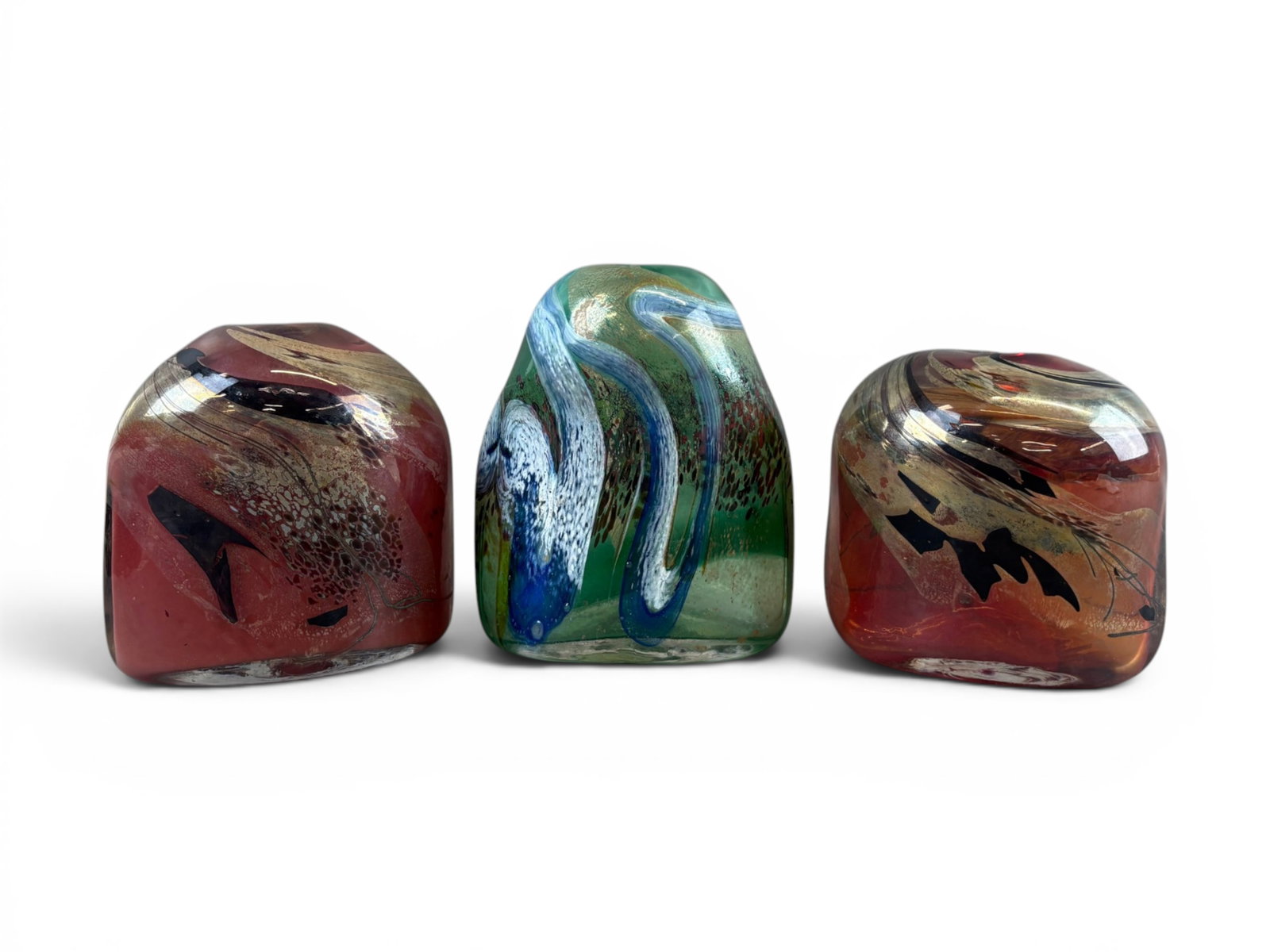 (3) Herman Samuel Art Glass Vases: Group of three signed Herman Samuel studio art glass vases, 1982. Each featuring freeform organic decoration with swirling internal colors and metallic inclusions. Includes one green example with