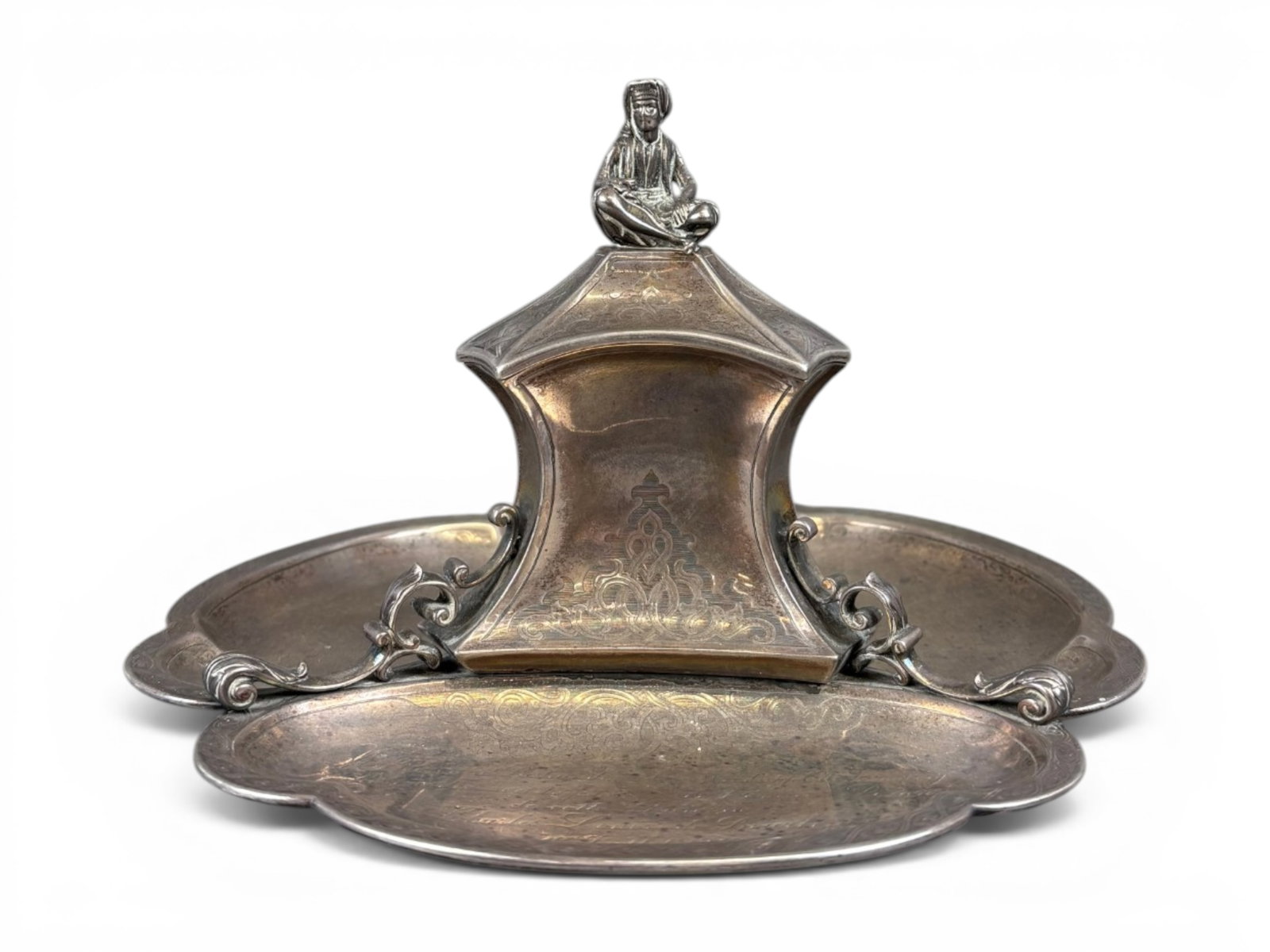 Charles II of Parma Silver Presentation Inkwell: Sterling silver inkwell and tray presentation set engraved ?Au Reverend Pasteur de Weistropp Otto Schonberg Souvenir d'estime et d'affection de l'ancien Patrone de cette Paroisse Charles Louis de Bour