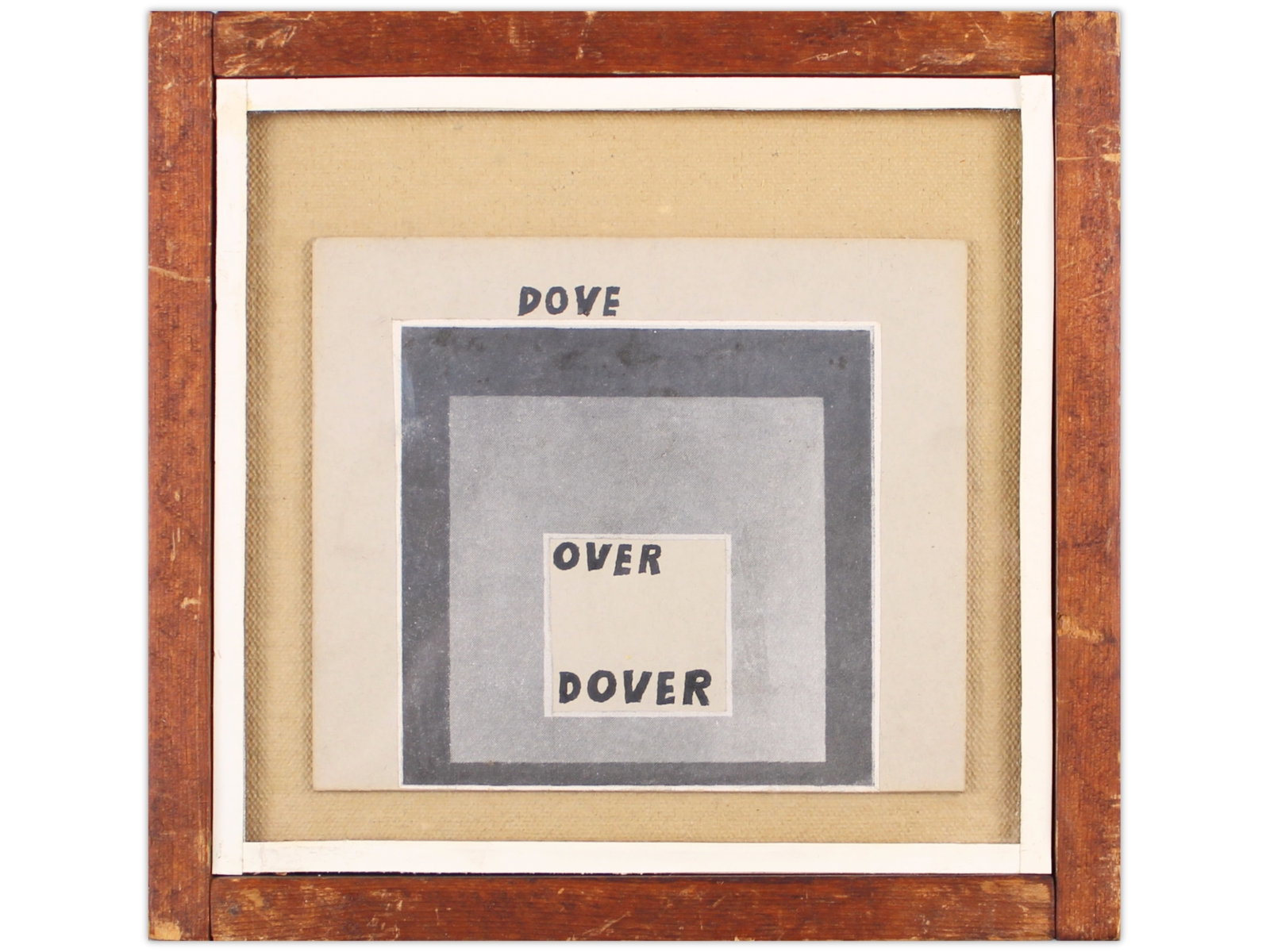 Ray Johnson Collage "Dove Over Dover" 1959: Ray Johnson, 1959. Collage titled "Dove Over Dover," 5 x 4 1/8 in., framed by Buecker. Reverse bears a Condon Riley Gallery tag with handwritten note "Ray Johnson Collage July 1959 Collection Rob?t B?