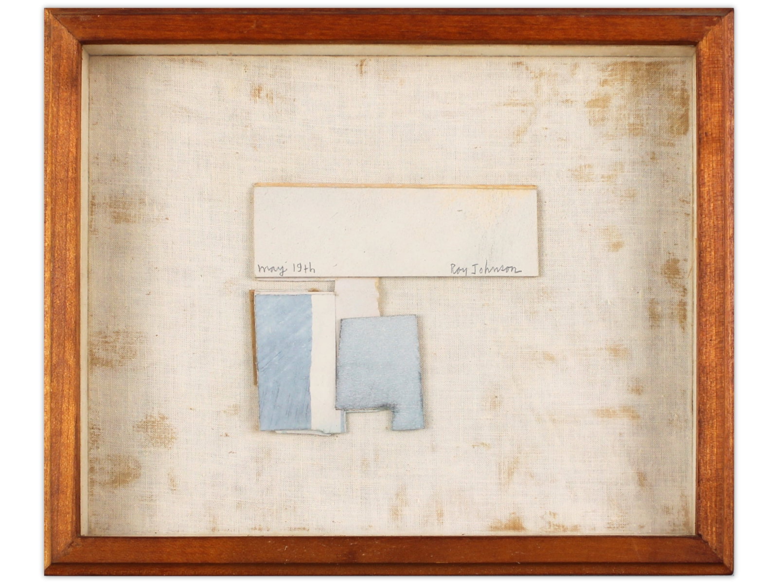 Ray Johnson Collage "May 19th" 1961: Ray Johnson, 1961. Collage titled "May 19th," signed and titled in pencil. Irregular shape, maximum dimensions 4 x 3 1/4 in. Framed by Buecker, with ?May 19 1961? handwritten on the frame and ?May 19,