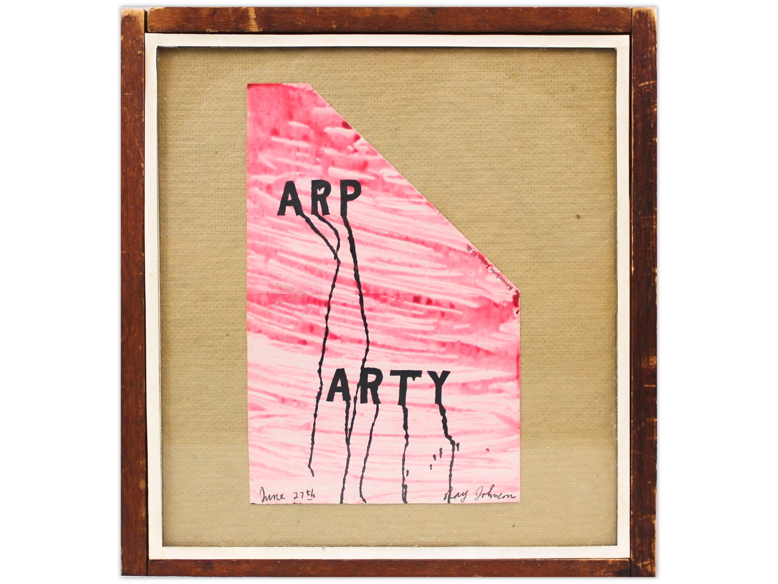 Ray Johnson Ink Drawing "Arp Arty" 1959: Ray Johnson, 1959. Ink drawing titled "Arp Arty," signed and dated June 27th. Irregular shape, 8 1/8 x 5 1/8 in. Framed by Buecker, with Condon Riley Gallery label bearing handwritten note: ?Ray Johns