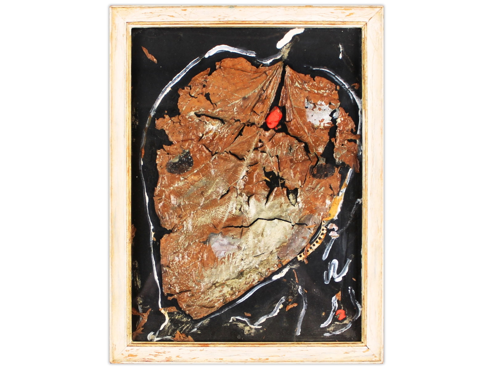 Lil Picard Collage "Ascona" 1954?1955: Lil Picard, 1954-1955. Mixed media collage, central element a large leaf (flaking) mounted on cardboard. Signed with description, sketches, and collage on the verso, inscribed: "Collage Ascona 1954?19