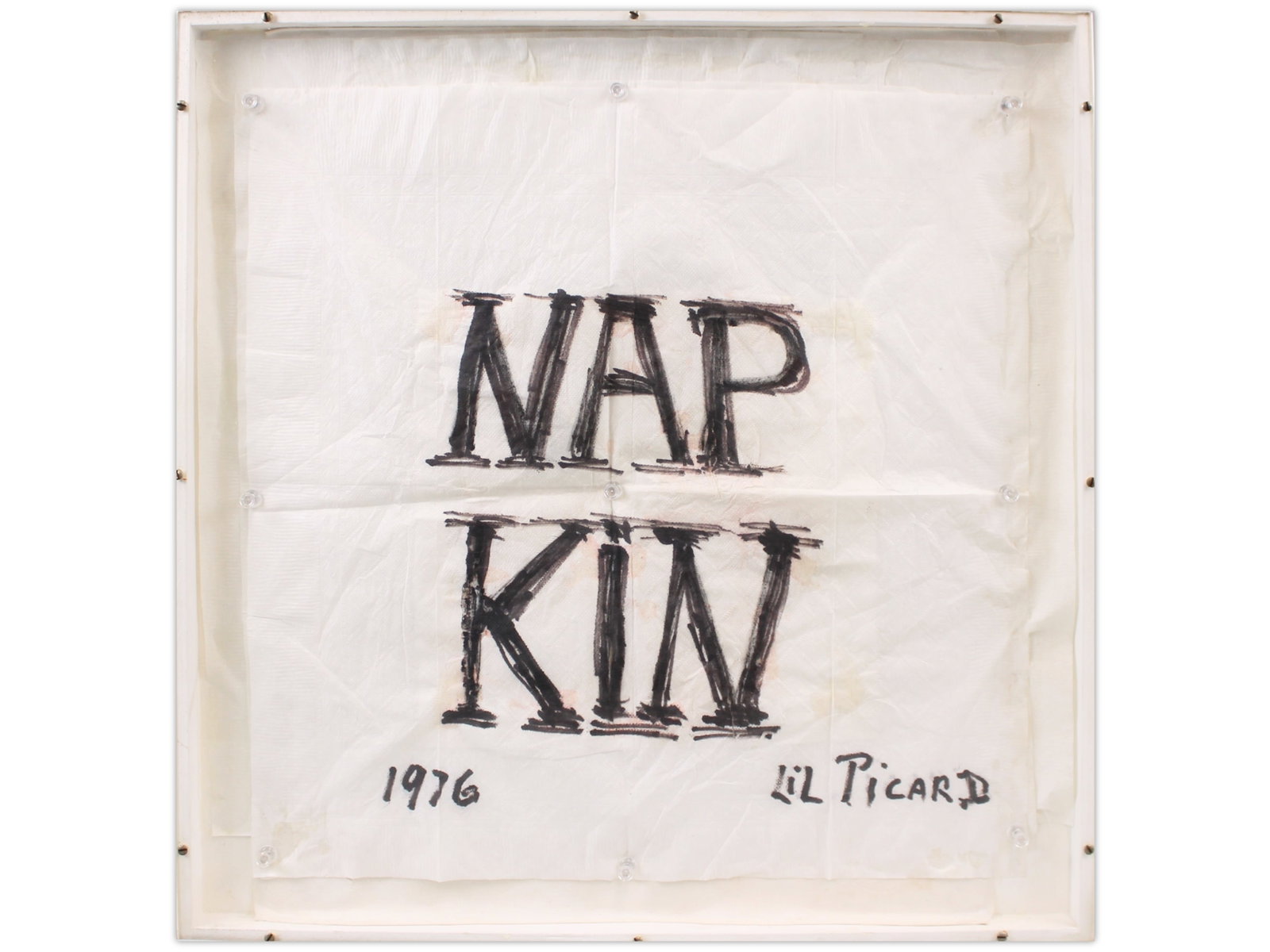Lil Picard Collage "Napkin" 1976: Lil Picard, 1976. Collage titled "Napkin," created with marker on unfolded paper and cloth napkins. Signed and dated 1976. Irregular dimensions, maximum 18 7/8 x 18 7/8 in. Framed by Buecker, with