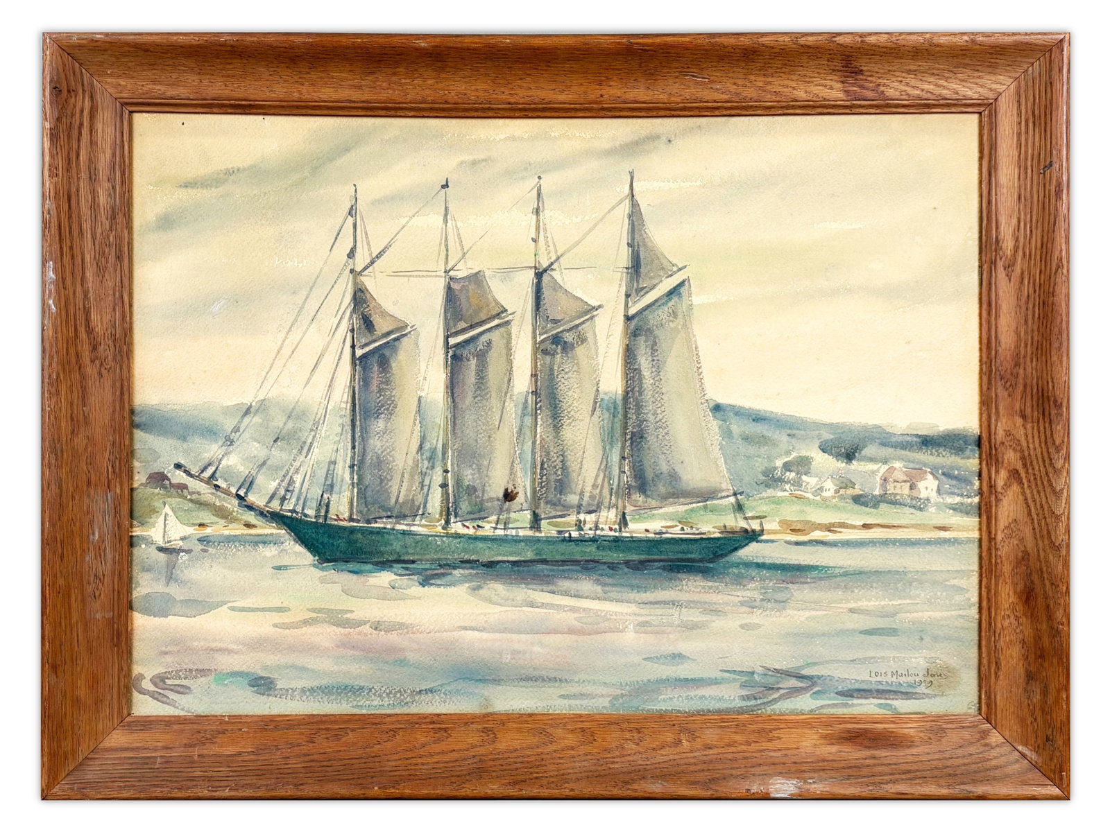 Lois Mailou Jones, Sailing Ship Watercolor: Framed watercolor painting depicting a four-masted sailing ship. Signed and dated lower right "Lois Mailou Jones 1939." The work shows a coastal landscape and is housed in a simple wood frame. Sight s