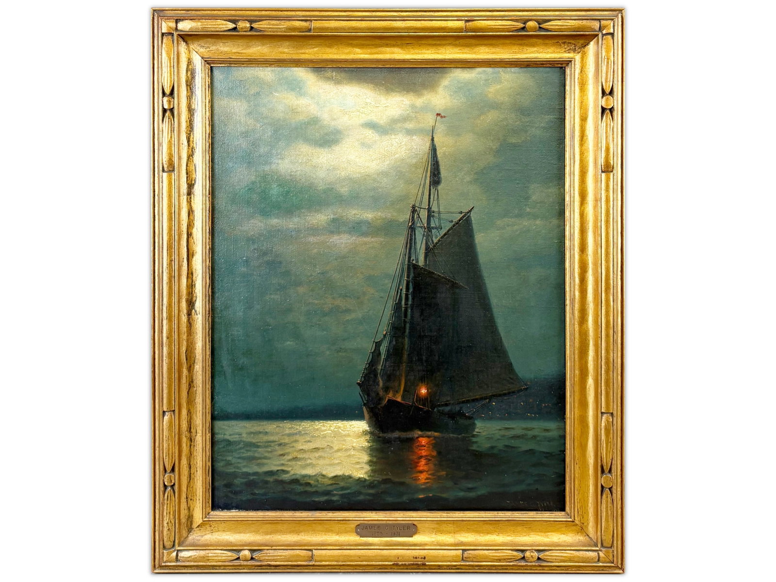 James Gale Tyler, Oil on Canvas "Moonlit Schooner": Oil on canvas painting by James Gale Tyler (1855-1931), depicting a schooner at sea under moonlight with a glowing lantern reflected across the water. Signed lower right and presented in an ornate gil