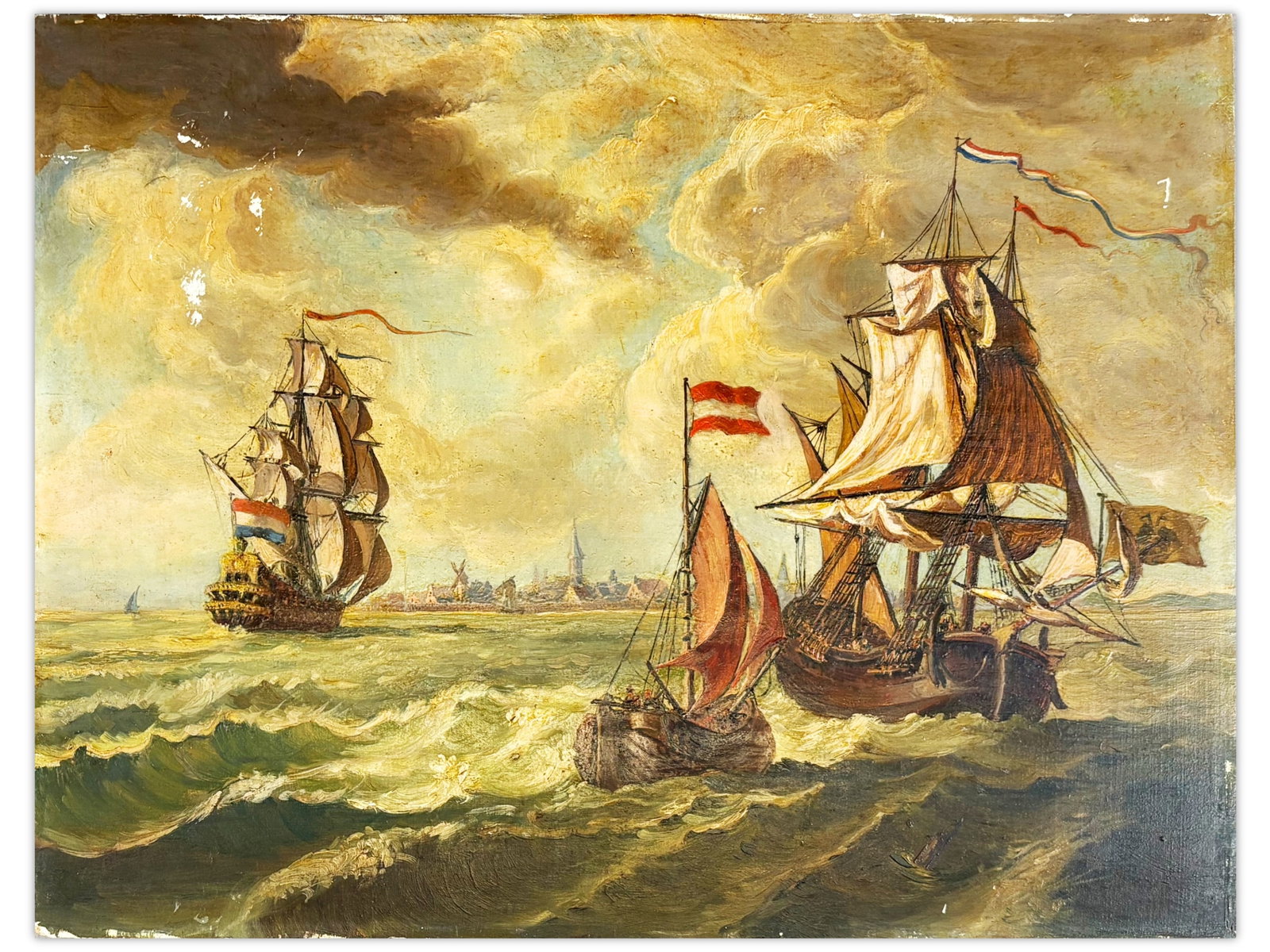 Attributed Abraham Storck, Dutch Sailing Ships: Oil on panel painting attributed to Abraham Storck, depicting Dutch sailing vessels and smaller boats in choppy waters near a distant harbor skyline. The composition includes large ships flying Dutch