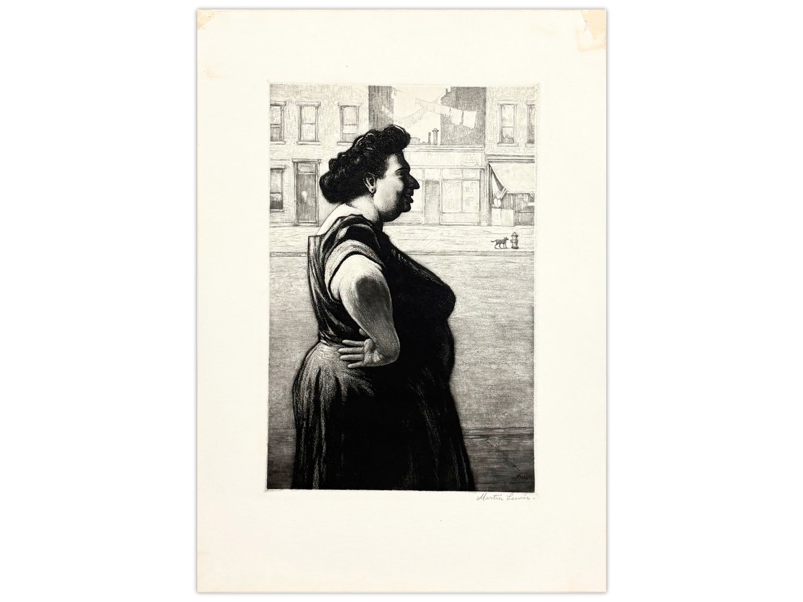 Martin Lewis "Boss of the Block" Etching: Martin Lewis (1881-1962) etching titled "Boss of the Block," depicting a standing woman in profile on a city street with buildings in the background. Pencil signed lower right "Martin Lewis." Image