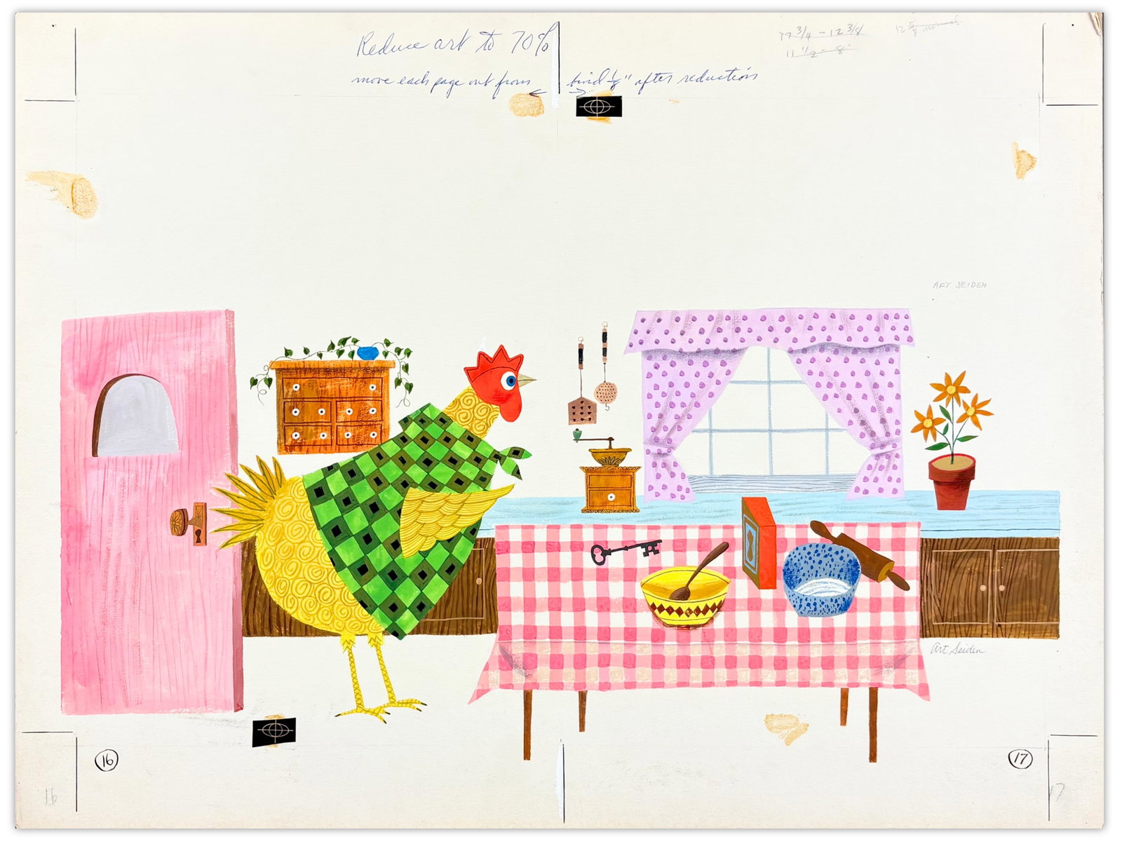 Art Seidan Original Book Gouache Illustration: Original gouache illustration on illustration board by Art Seiden for the 1961 Wonder Book "To Market, To Market", illustrated by Seidan and authored by Miriam Clark Potter. The artwork depicts a