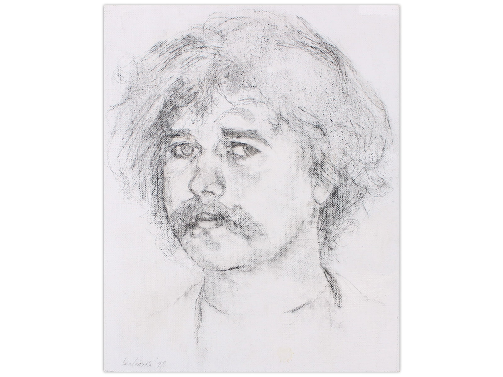 Anna Walinska Portrait of Bobby Buecker 1977: Anna Walinska, 1977. Portrait of Bobby Buecker in charcoal on gessoed linen canvas, signed and dated. 8 x 10 in. Anna Walinska (1906?1997) was an American modernist painter and collage artist who