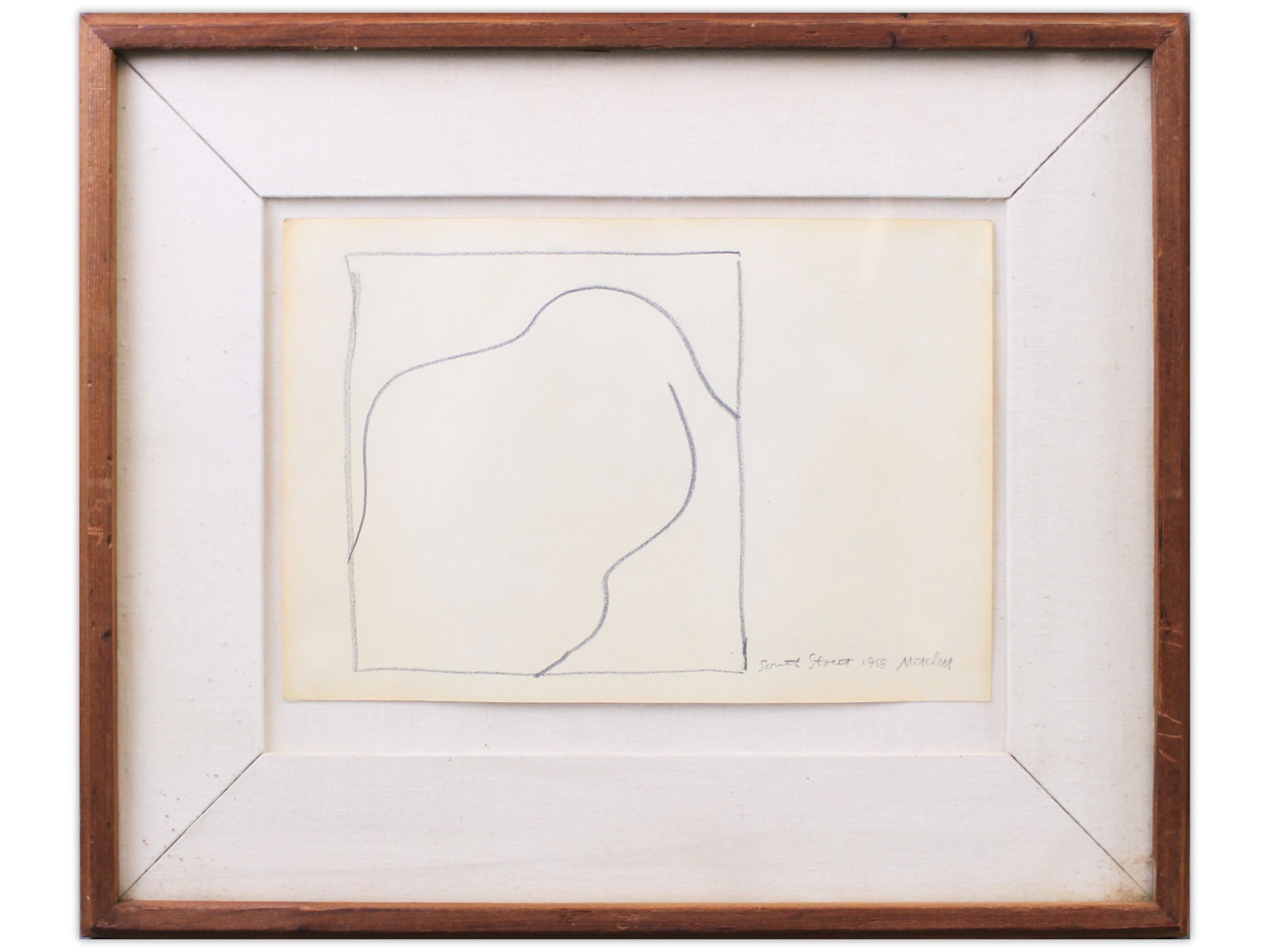 Fred Mitchell "South Street" 1958: Fred Mitchell, 1958. Drawing titled "South Street," graphite on paper, signed, dated, and titled. 8 7/8 x 6 in. Framed by Buecker, with two Buecker & Harpsichords stamps on the back of the frame and