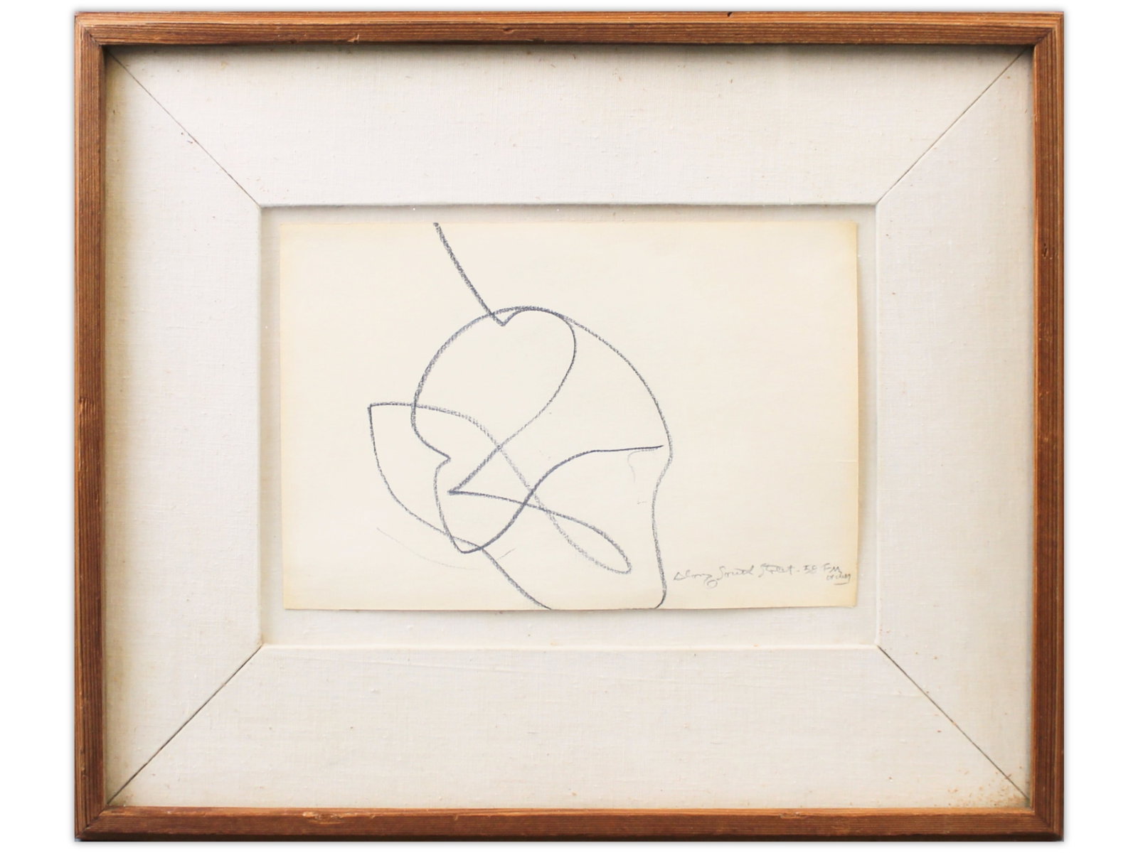 Fred Mitchell "Along South Street" 1958: Fred Mitchell, 1958. Drawing titled "Along South Street," graphite on paper, signed, dated, and titled. 8 7/8 x 6 in. Framed by Buecker, with two Buecker & Harpsichords stamps on the back of the frame