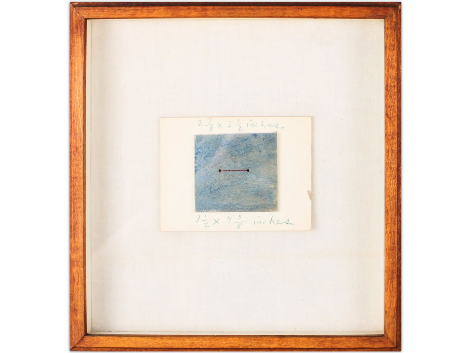 Ray Johnson Collage 1959: Ray Johnson, 1959. Untitled collage with measurements of the collaged paper and cardboard written by Johnson. Piece measures 3 1/2 x 4 5/8 in. Framed by Buecker. Frame measures 10 x 10 1/2 in.