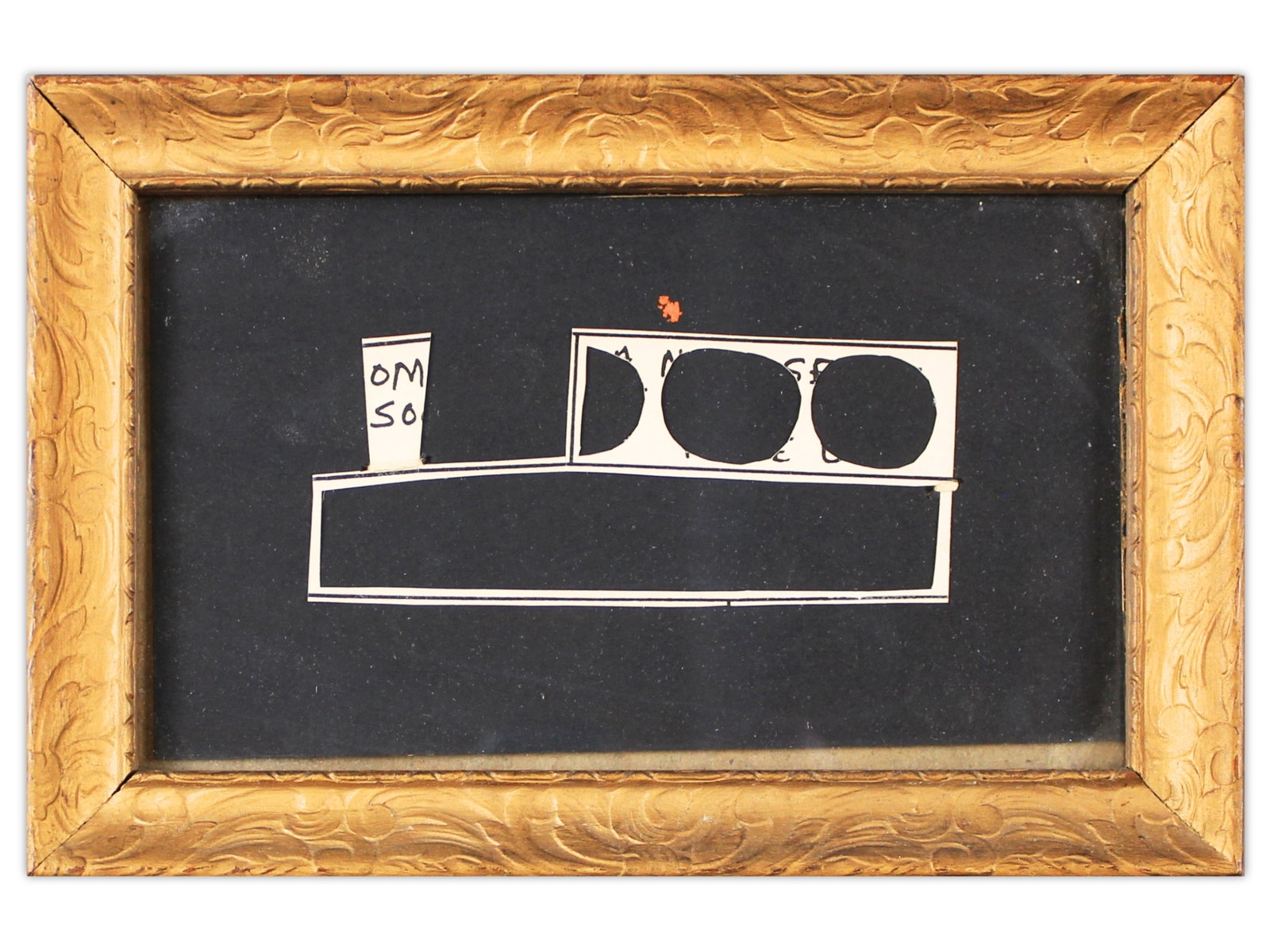 Ray Johnson Collage 1958: Ray Johnson, 1959. Untitled collage with measurements of the collaged board written by Johnson. Piece measures 3 3/4 x 6 3/4 in. Framed by Buecker. Frame measures 5 1/2 x 8 1/2 in. Reverse handwritten