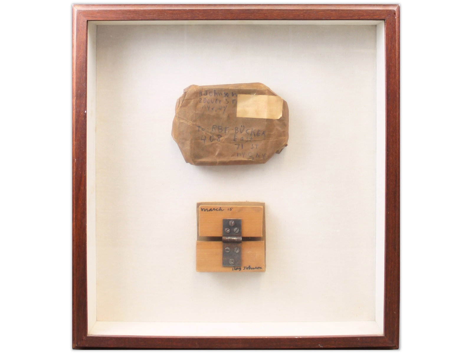 Ray Johnson Mail Art 1963: Ray Johnson, 1963. Mail art assemblage displayed in a shadowbox frame, consisting of a brown paper parcel addressed from Johnson to Rbt. Bucker and a hinged wooden collage. Signed and dated March,