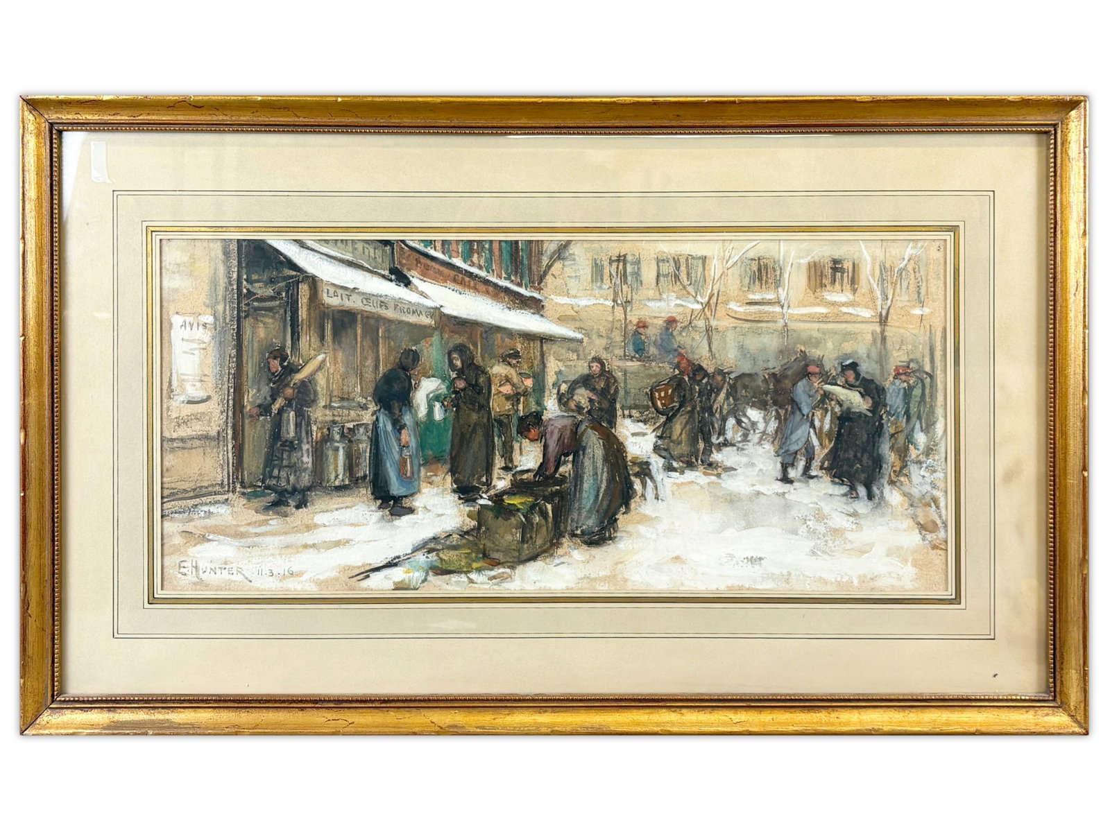 E. Hunter, European Winter Street Scene: Watercolor and gouache street scene painting by E. Hunter, dated 11.3.16 lower left. The work depicts a snowy European market street with figures gathered near storefronts, horses, and vendors in a