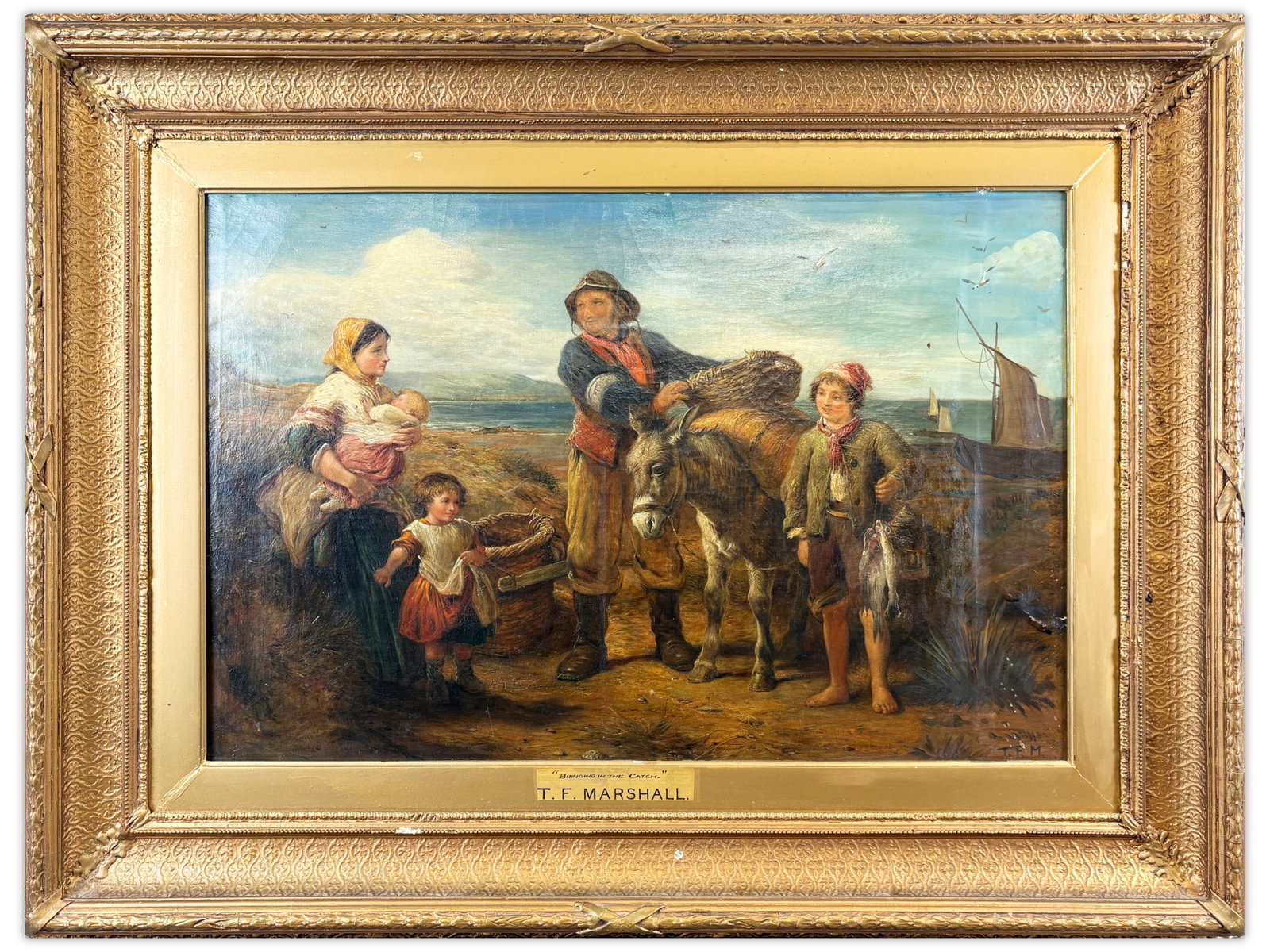 Oil on Canvas Attributed to Thomas Falcon Marshall: Attributed to Thomas Falcon Marshall (1818-1878), oil on canvas titled "Bringing in the Catch," depicting a coastal family scene with fisherman, donkey, children, and baskets of fish near the