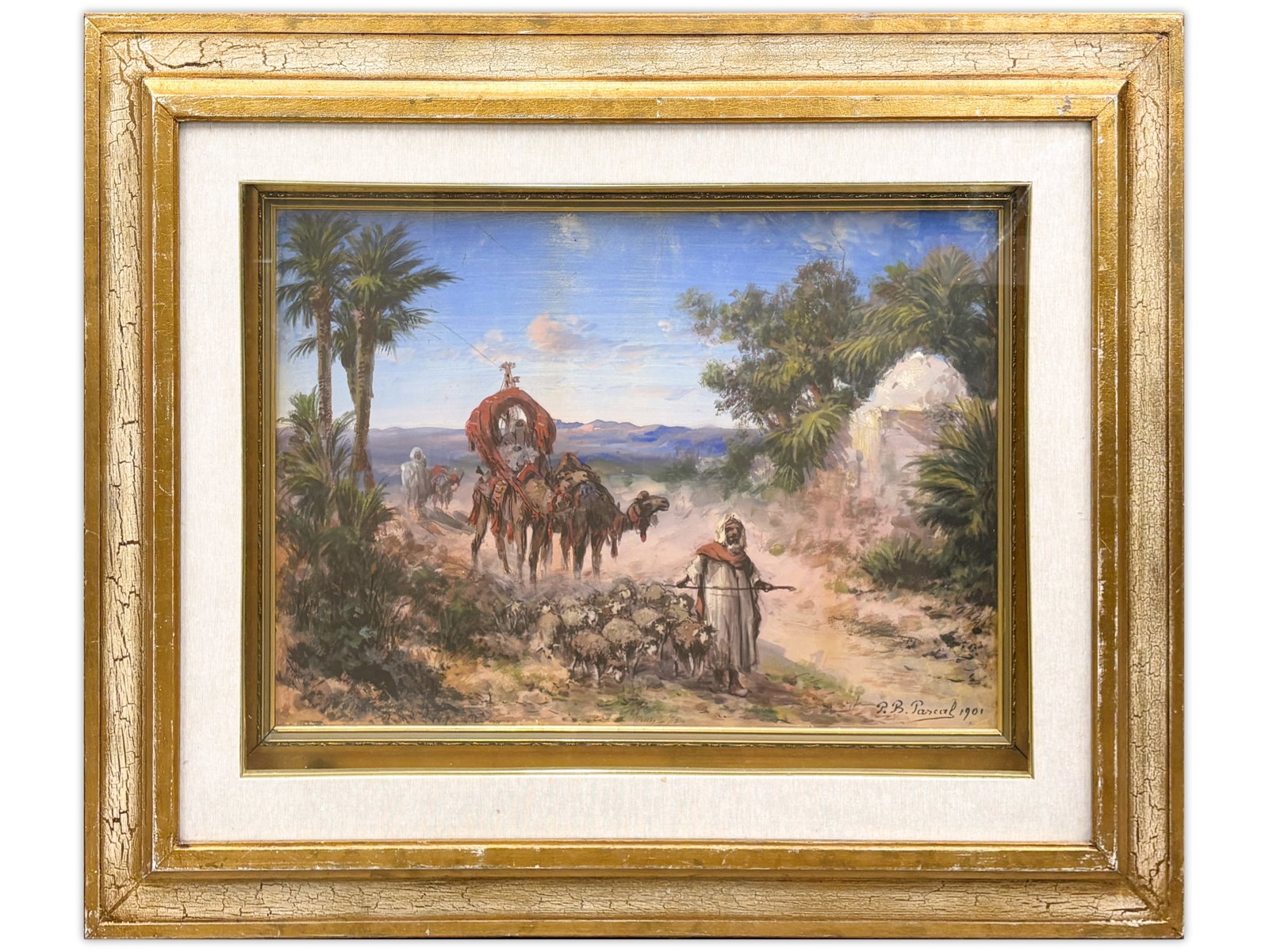Paul B. Pascal, Orientalist Gouache and Watercolor: Paul B. Pascal (1839-1905) gouache and watercolor on paper depicting a desert caravan scene with figures, camels, sheep, and palm trees in an oasis landscape. Signed and dated lower right "P.B.