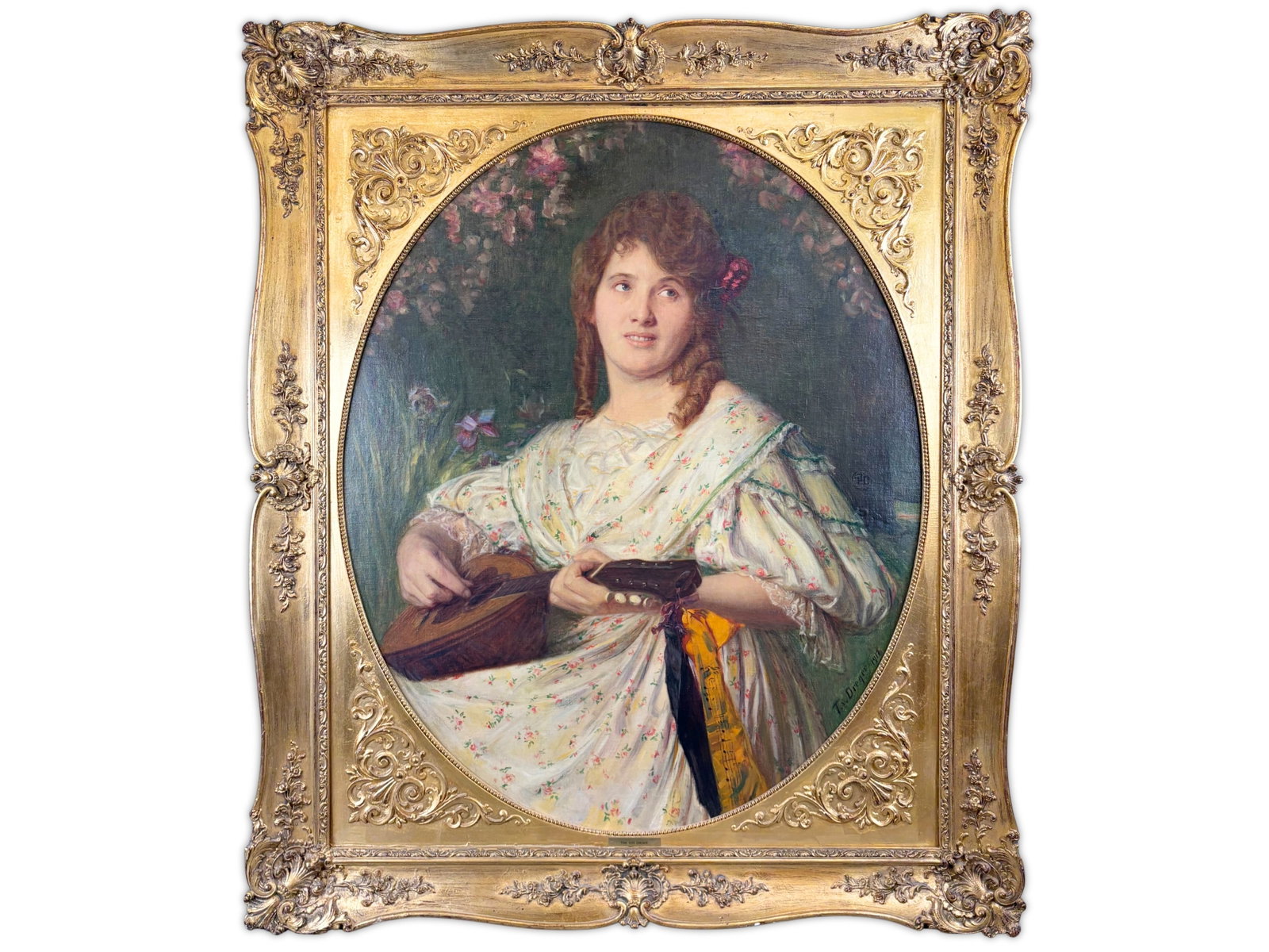 Tom Von Dreger, Oil on Canvas Portrait of a Woman: Tom Von Dreger (1868-1949) oil on canvas portrait depicting a young woman seated outdoors holding a lute or mandolin. Signed and dated 1917 along the lower right edge. The subject is shown in a