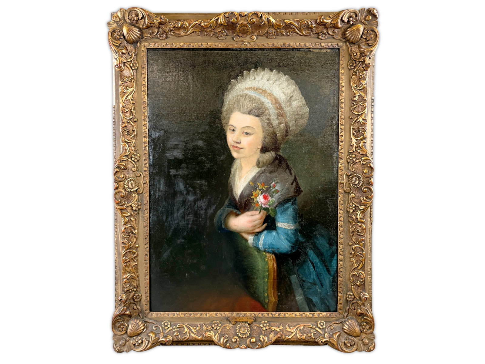 Attributed Louis Trinquesse Oil Portrait Painting: Attributed to Louis Rolland Trinquesse, French 18th century, oil on canvas portrait painting depicting a young woman shown half-length against a dark, atmospheric ground, delicately holding a small bo