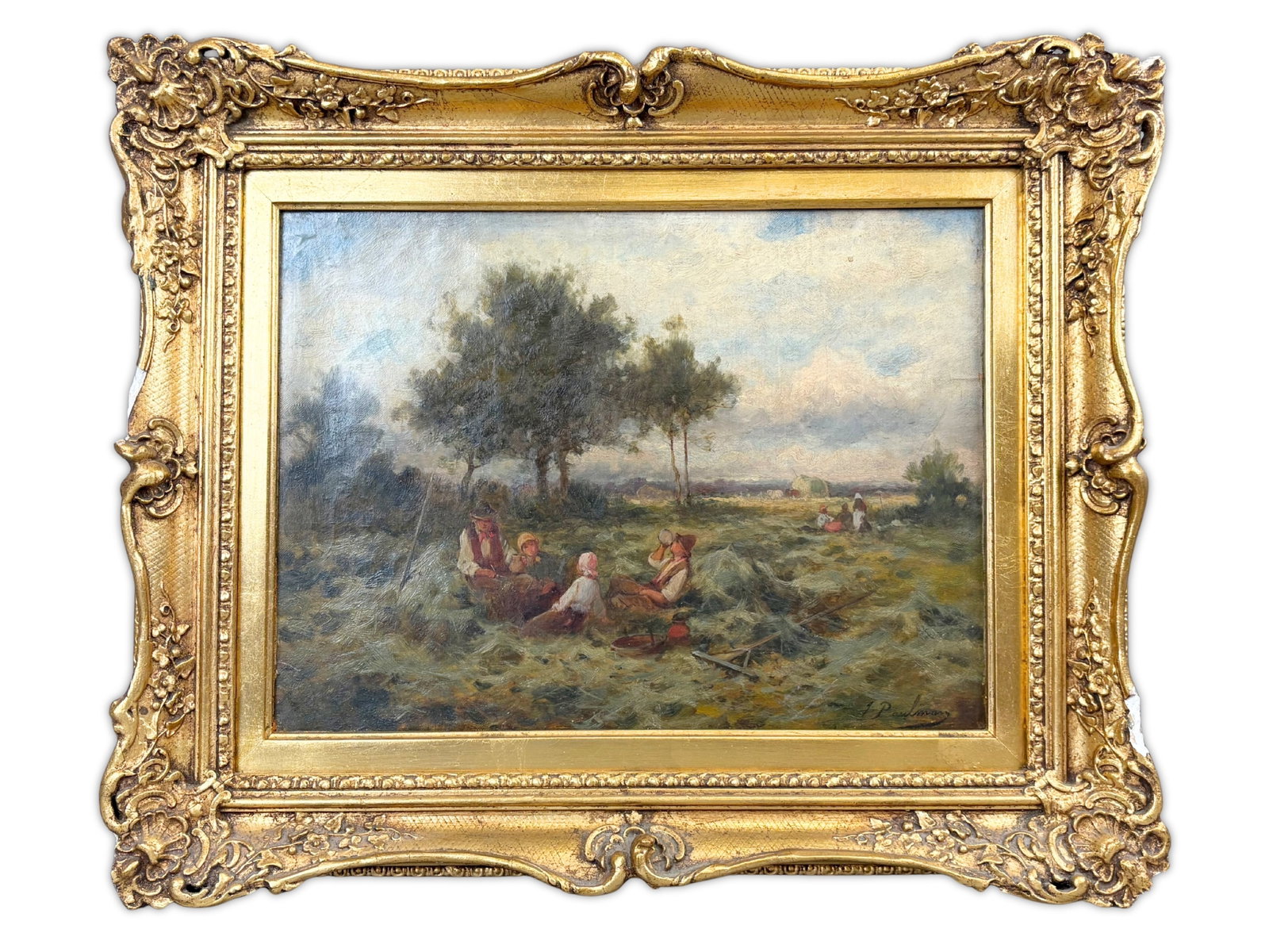 Joseph Paulman Oil on Canvas Landscape: Oil on canvas landscape by Joseph Paulman, signed lower right. The composition depicts a group of figures resting amid a freshly cut hayfield, with additional workers visible in the distance beneath