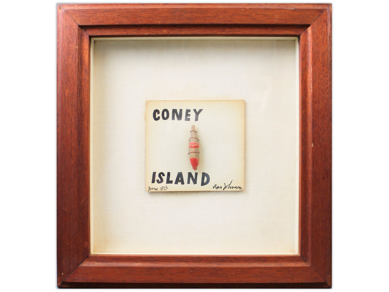 Ray Johnson Collage "Coney Island" 1959: Ray Johnson, 1959. Collage titled "Coney Island," with ink, wood, and wire, signed and dated June 18th. Piece measures 4 1/4 x 4 in. Framed by Buecker, reverse bearing handwritten notations ?Ray Johns