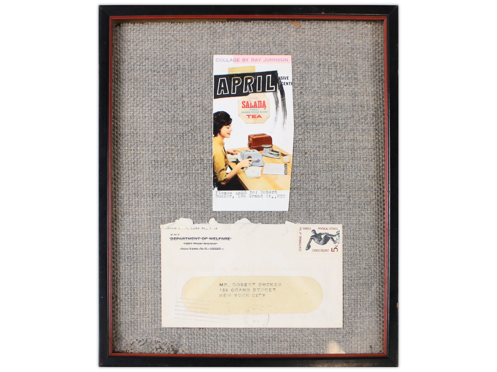 Ray Johnson Mail Art "April" 1965: Ray Johnson, 1965. Mail art assemblage collage titled "April," mixed media comprised of two pieces?one a collage, the other a mailing cover with Department of Welfare return address, addressed to Buec