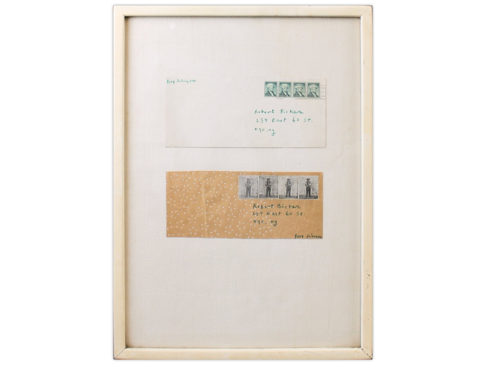 Ray Johnson Mail Art "Polka Dot" 1959: Ray Johnson, 1959. Mail art assemblage collage titled "Polka Dot," including one cover from Johnson to Buecker and a dotted envelope-sized paper with attached labels, addressed to Buecker and signed b