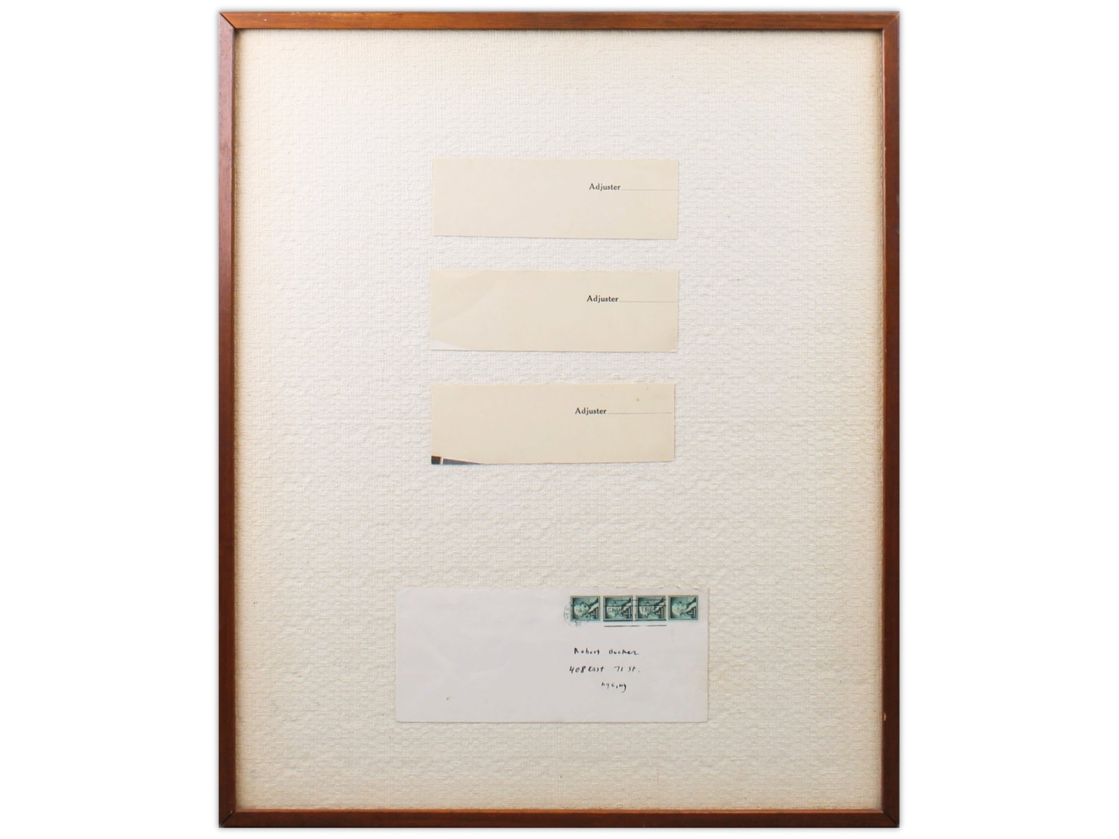 Ray Johnson Mail Art Collage 1959: Ray Johnson, 1959. Untitled mail art collage including a cover, not signed but in Johnson?s hand, addressed to Buecker. Mounted on fabric-covered board with three slips of printed paper, twenty of whi