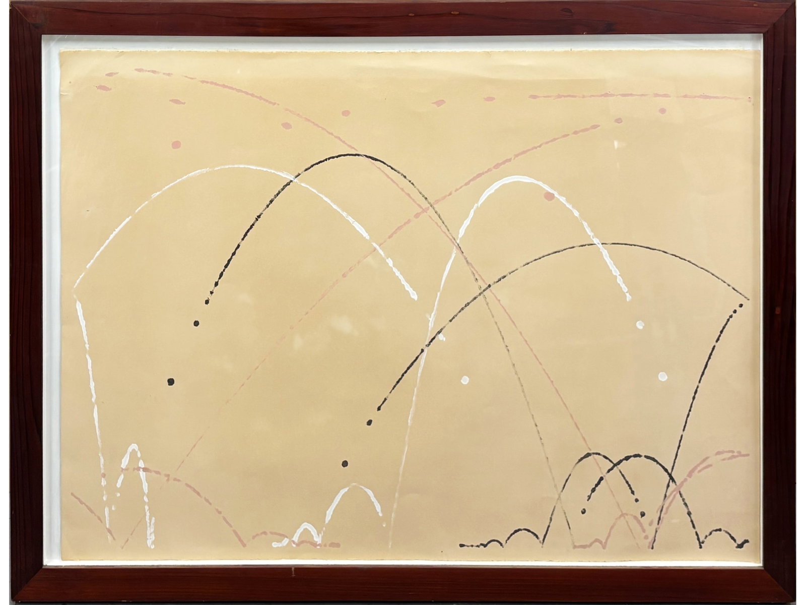 Tom Shannon Acrylic on Paper 1977: Tom Shannon, 1977. Acrylic painting of parabolic arcs on paper. Likely framed by Buecker in a shadowbox; piece is not anchored within frame. Piece measures approximately 30 x 44 in. Frame measures 35