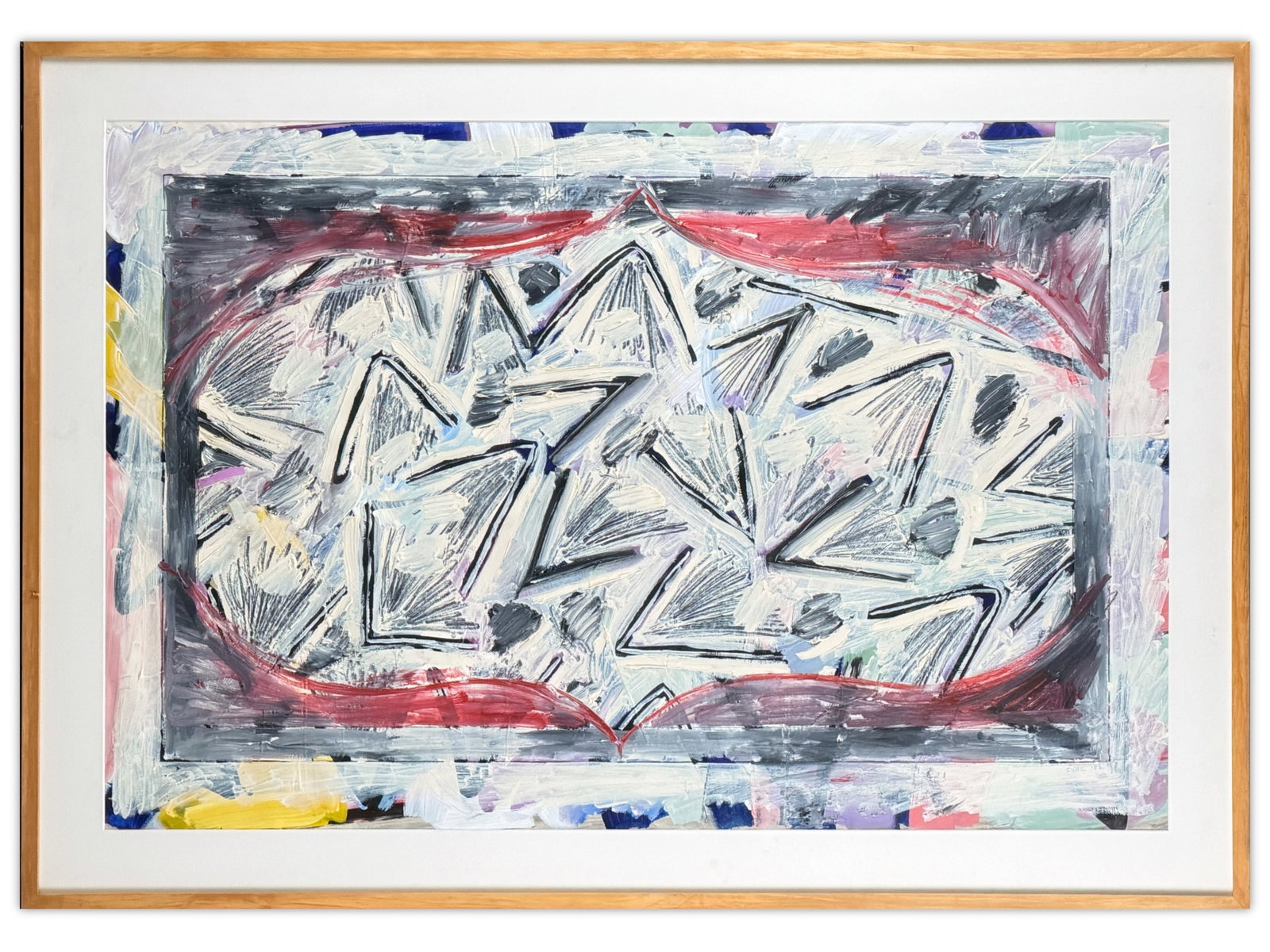 Clover Vail Abstract Painting 1982: Clover Vail, 1982. Abstract mixed-media painting, signed and dated in the lower right corner. Sight 25 1/4 x 38 1/2 in. Framed by Buecker. Frame measures 31 1/4 x 44 in. Clover Vail (b. 1939) is an Am