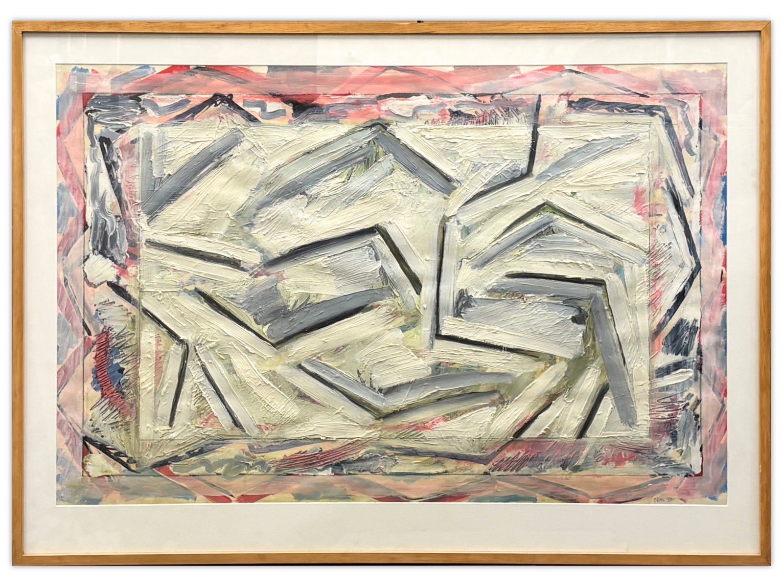 Clover Vail Abstract Painting 1982: Clover Vail, 1982. Abstract mixed-media painting, signed and dated in the lower right corner. Sight 25 1/4 x 38 1/2 in. Framed by Buecker. Frame measures 31 1/4 x 44 in. Clover Vail (b. 1939) is an Am