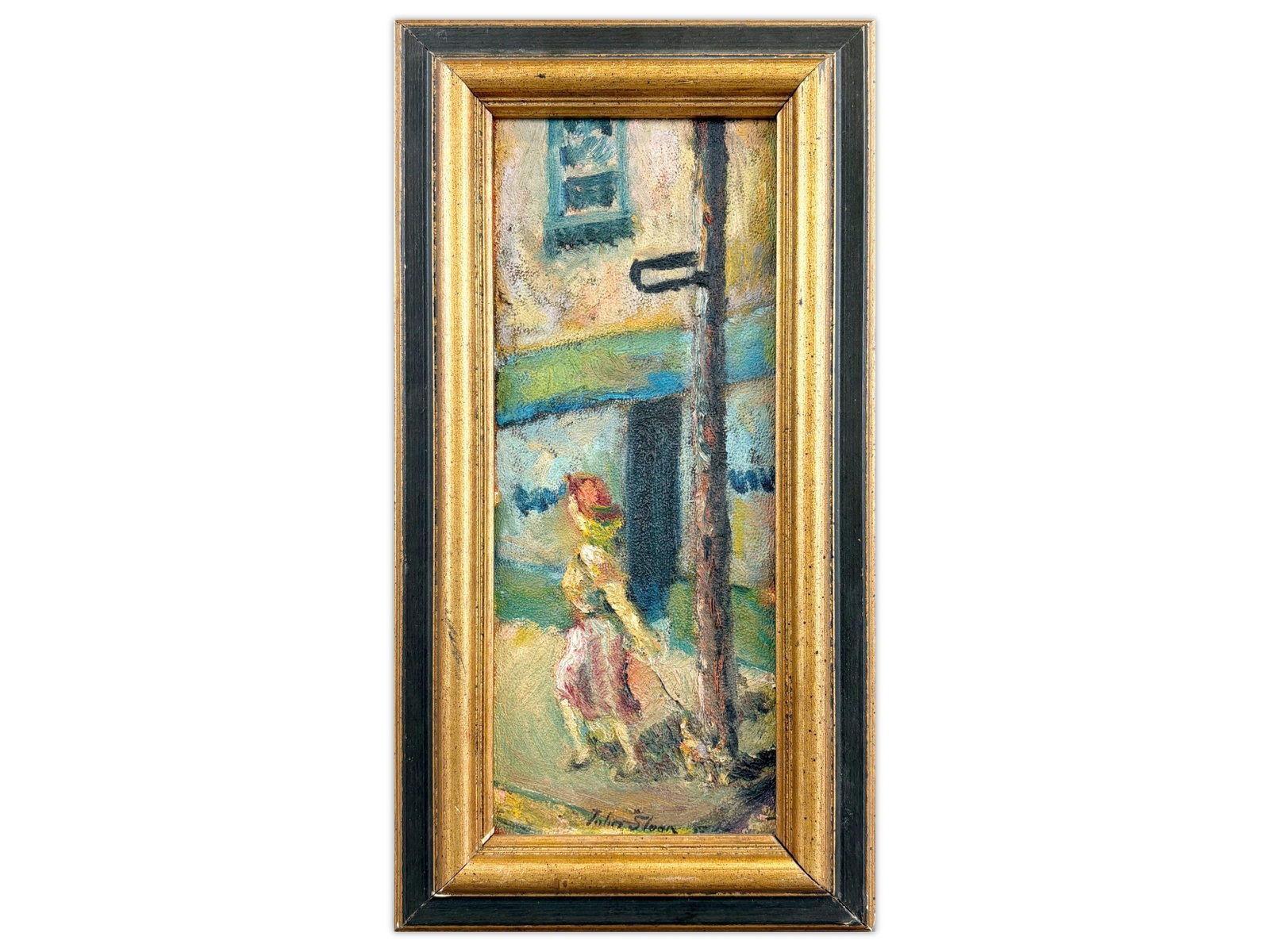 John Sloan Oil on Board, Woman with Dog: Oil on board by John French Sloan (1871-1951), depicting a woman walking a dog. Signed at the lower center margin. Approx. 5'' x 12''. Appears to possibly be a fragment or section from a larger work. 