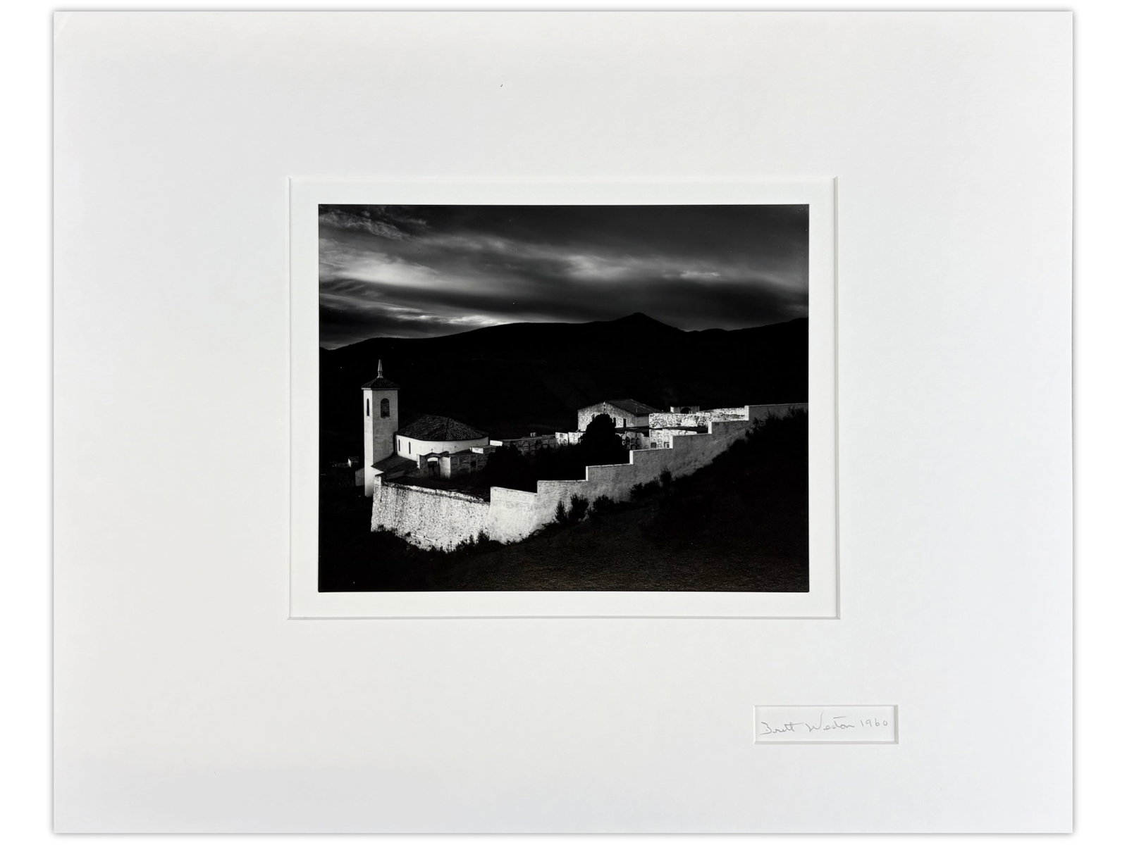 Brett Weston Signed Photograph, "Villa" 1960: Brett Weston (American, 1911-1993). Unframed gelatin silver print, "Villa", signed and dated 1960 (lower right on mat). Sight seen approx. 9.5" x 7.5". Print is mounted and matted with 16" x 20"