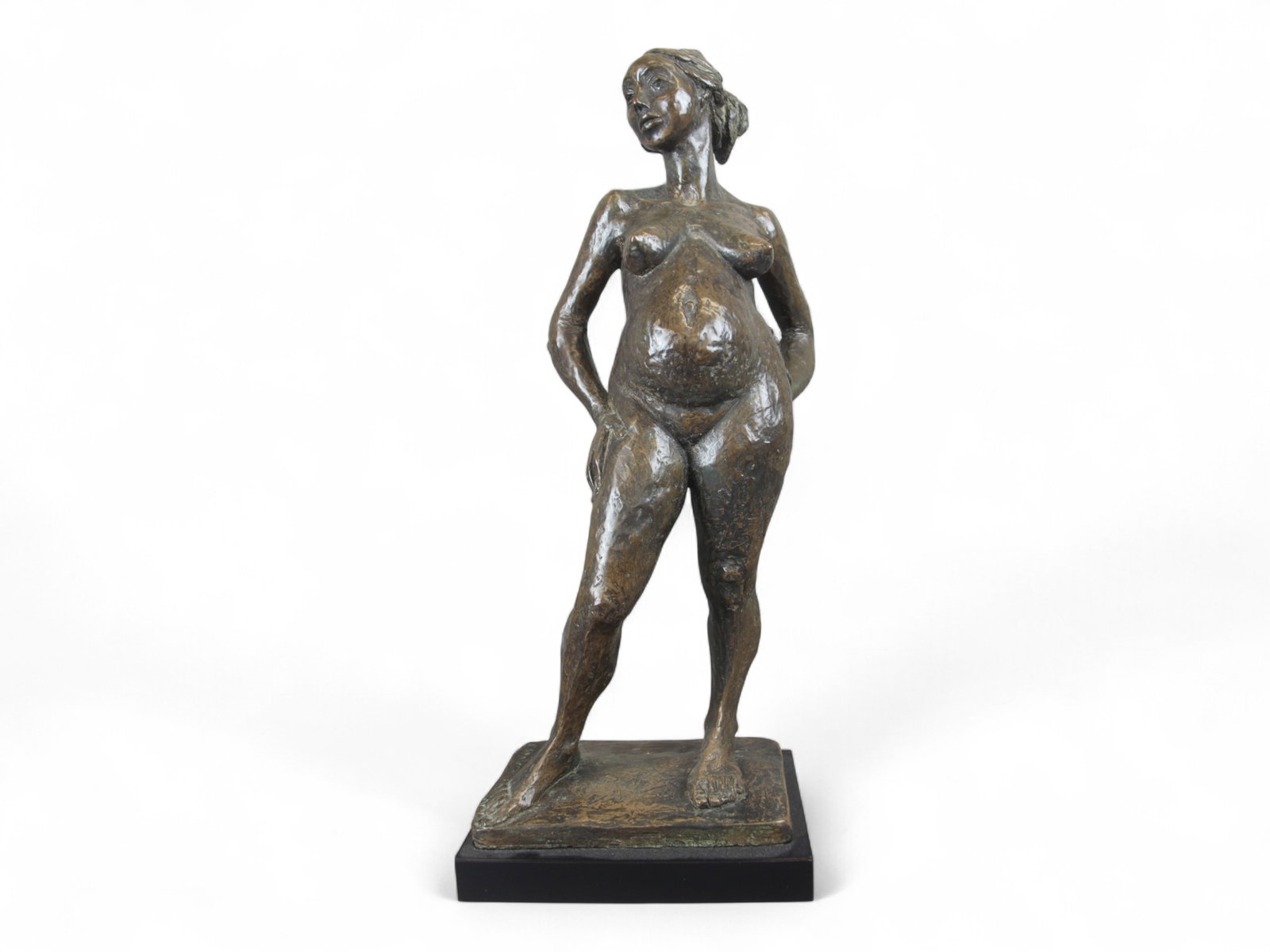 Faux Bronze Nude Sculpture, Artist Signed: Overall approx. 21" tall with base. Signed at the corner, however illegible. Appears to read "E. Schiller". Small piece chipped off from the back of the hair bun. This lot is being offered on behalf o