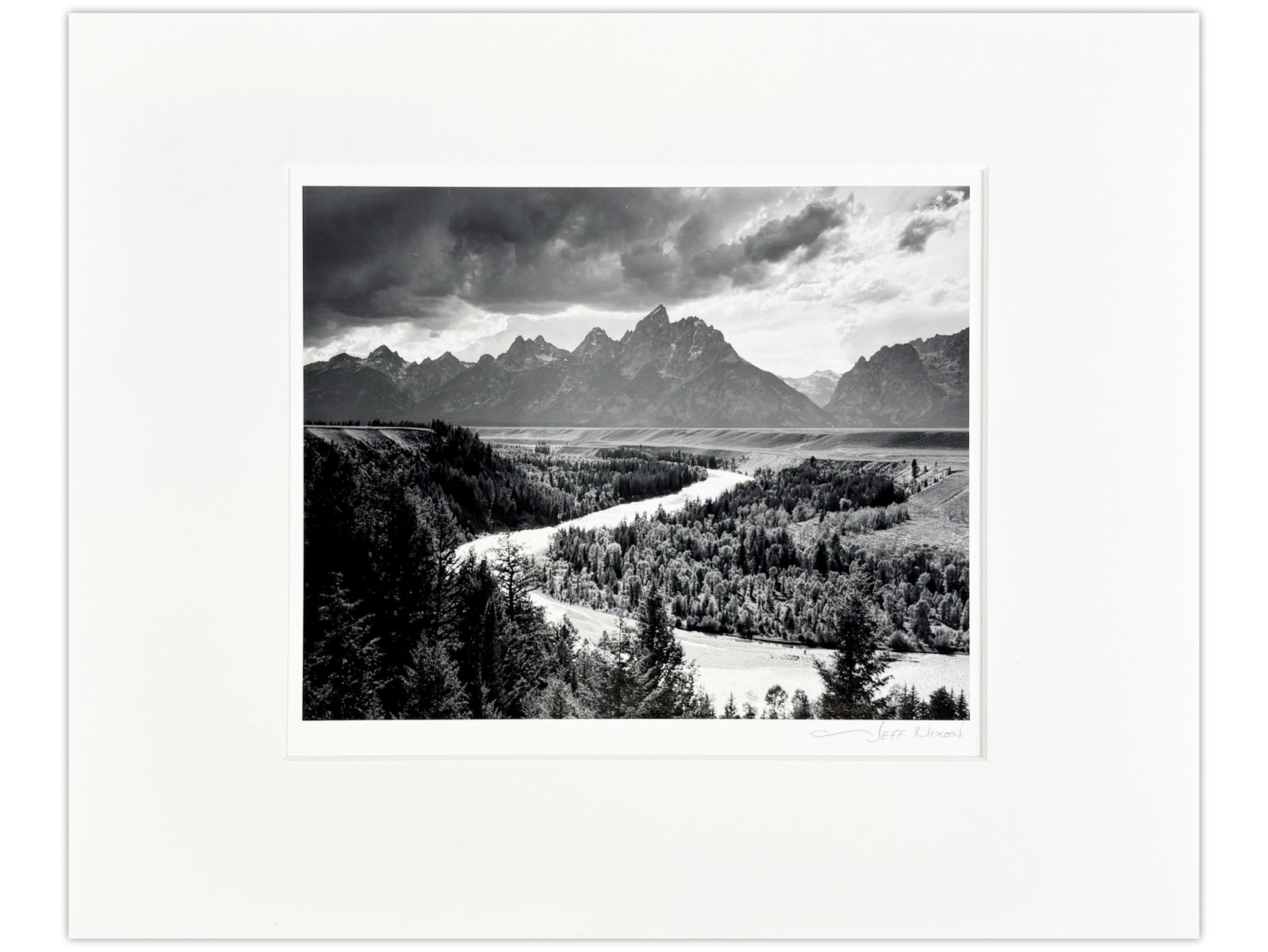 Jeff Nixon Signed Photo, "Clouds, Late Afternoon": Jeff Nixon (American, 1952-2022). Unframed gelatin silver print, "Tetons, Clouds, Late Afternoon". Pencil signed lower right under image. Sight seen approx. 9-3/8" x 7-3/8". Print is mounted and matte