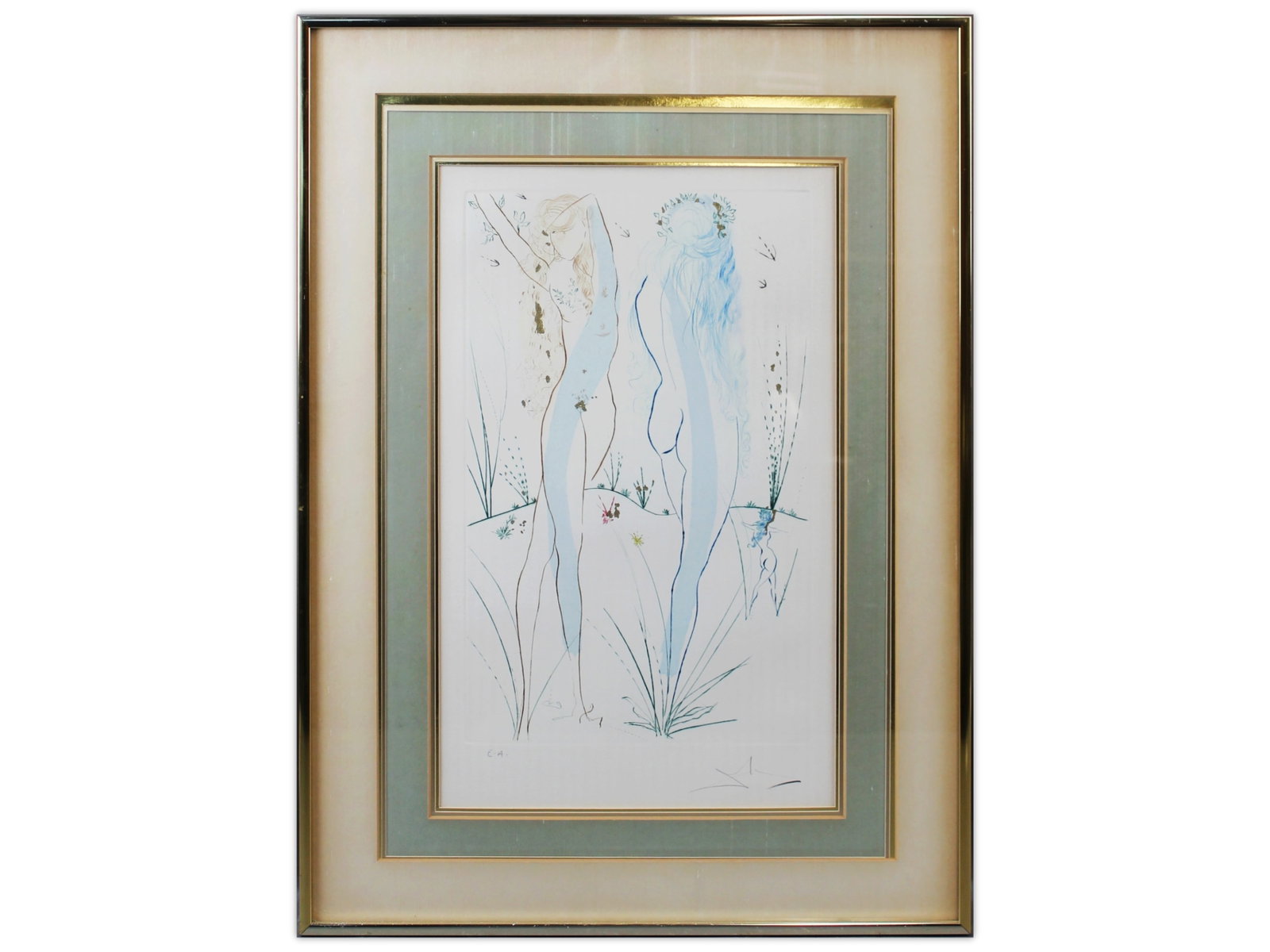 Salvador Dali Etching, Return O' Shulamite: Offered is an original etching with gold dust on arches paper by Salvador Dali (French, 1904-1989), titled "Return O' Shulamite", circa 1970's. Image depicts two nudes. Hand signed in pencil lower rig