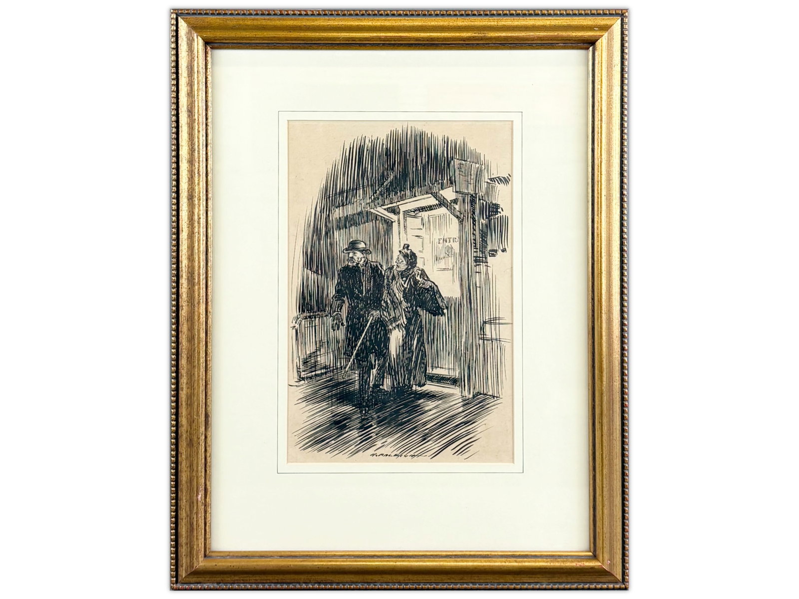 Henry Raleigh, Original Pen & Ink Illustration: Original pen and ink drawing by Henry Patrick Raleigh (American, 1880-1944), noted illustrator of the Jazz Age. The scene depicts a gentleman accompanying a woman past an entranceway, rendered in