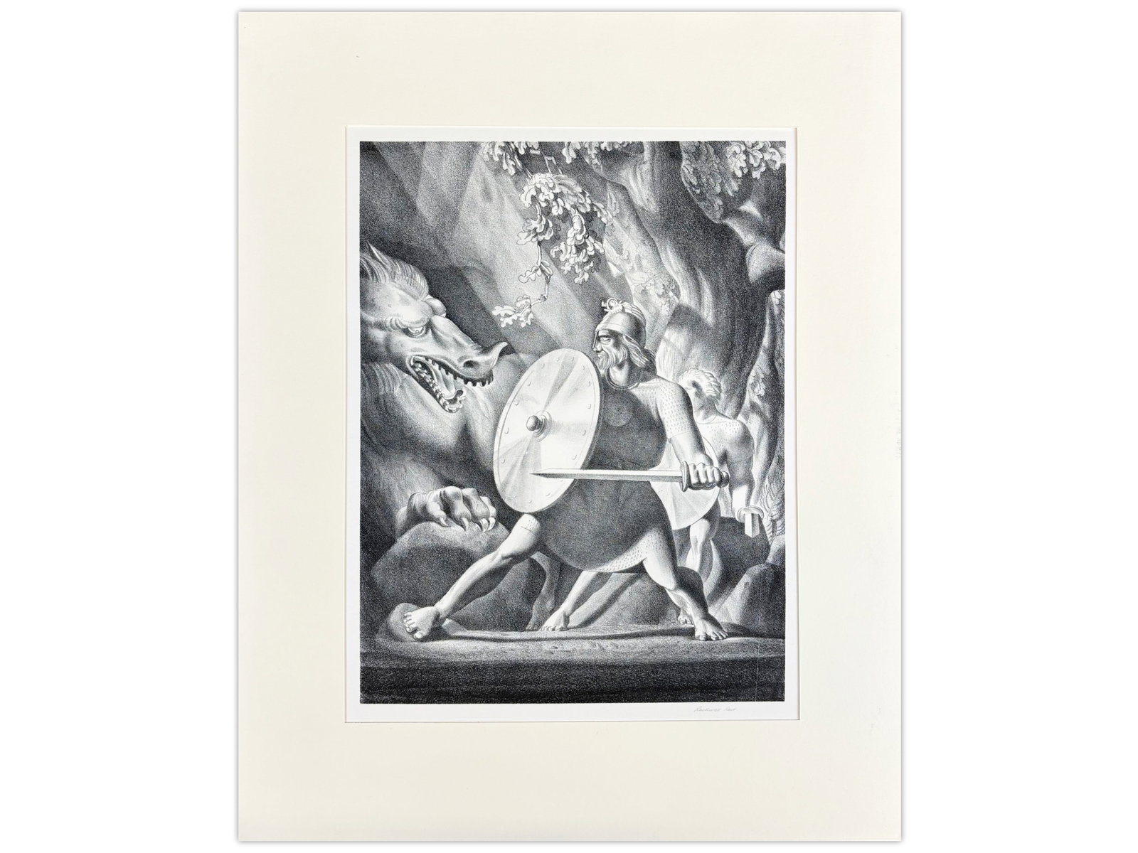 Rockwell Kent "Beowulf & the Dragon" Signed Litho: Rockwell Kent (American, 1882-1971) lithograph titled "Beowulf and the Dragon," circa 1931, depicting the heroic figure confronting a dragon in a dramatic, stylized composition. Pencil signed by the a