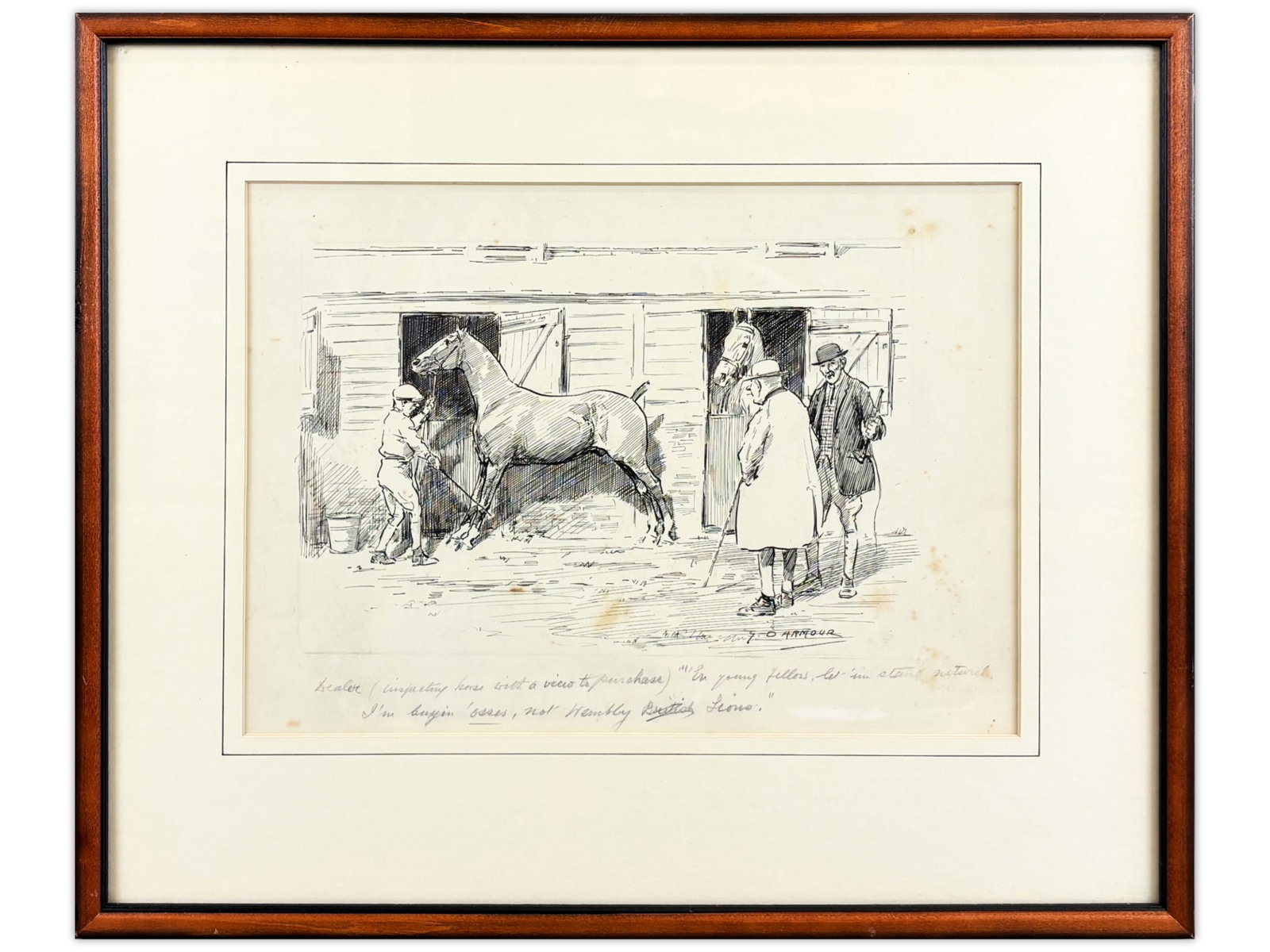 George Denholm Armour, Pen & Ink Illustration: George Denholm Armour (British, 1864-1949) pen and ink illustration depicting a horse being inspected in a stable setting, with figures observing. Signed bottom center along with a handwritten