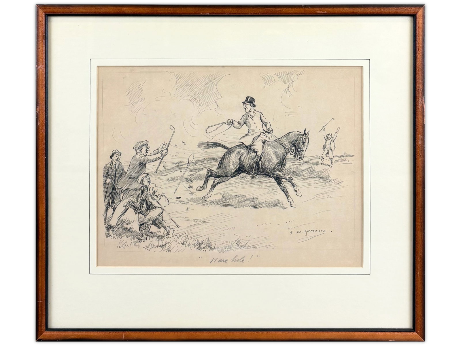 George Denholm Armour, Pen & Ink Illustration: George Denholm Armour (British, 1864-1949) pen and ink illustration titled "Hare Hole!" depicting a lively sporting scene with a rider on horseback and figures reacting in the foreground. Signed