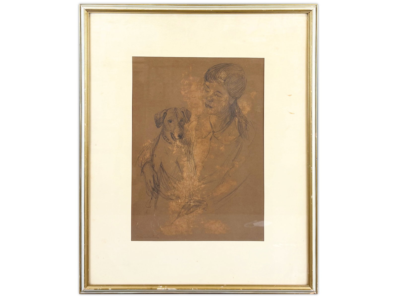 Charles Herbert Woodbury, Pencil Sketch: Charles Herbert Woodbury (Mass, 1864-1940). Original pencil sketch, identified on the verso as "Anne Pratt at the age of 15 and her dog Sunny" Pencil signed lower left. Darkened image with areas of su