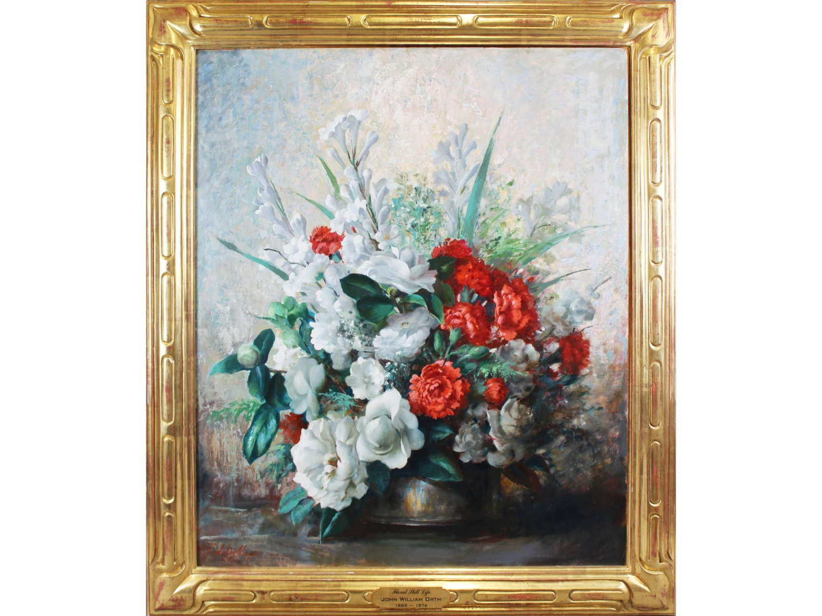 John William Orth, Floral Still Life, Oil: John William Orth (American, 1889-1976), oil on masonite painting, depicting a Large Floral Still Life. Signed lower left. Sight seen approx. 29-1/2" x 30", overall frame size approx. 36-1/2" x 42-1/2