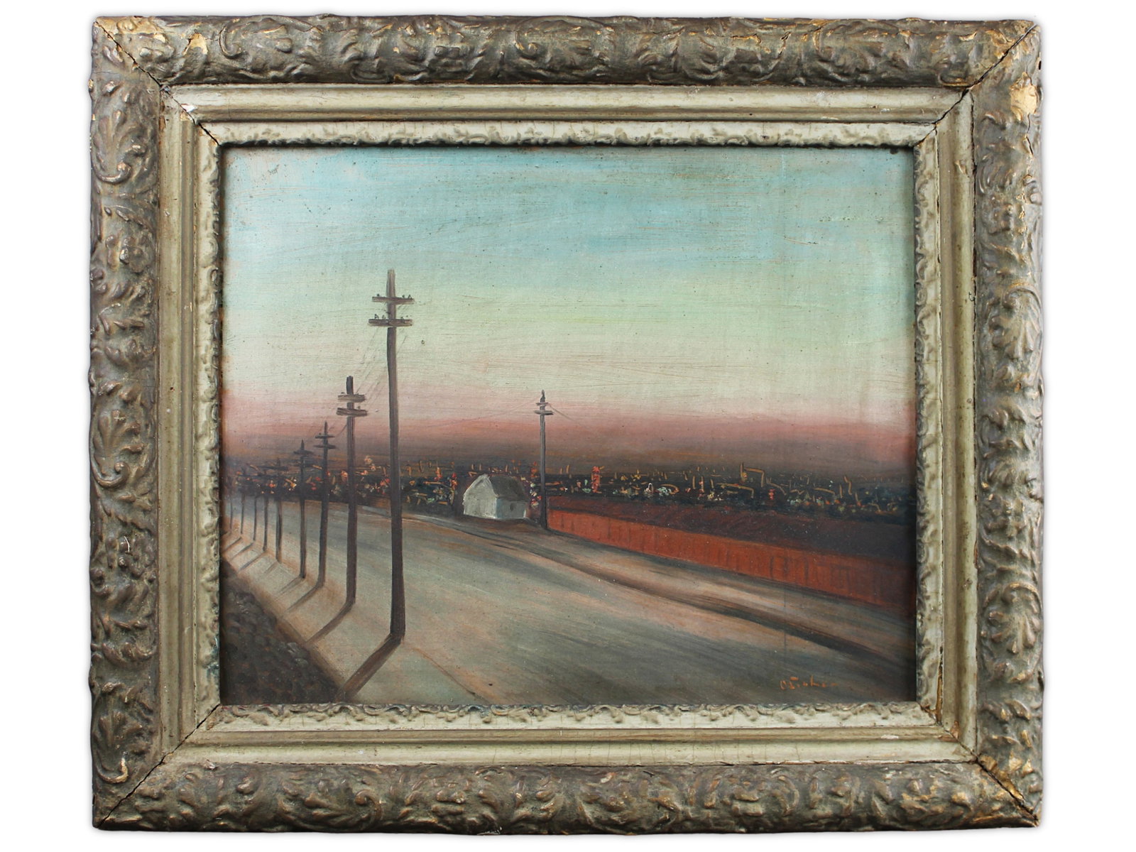 Oscar Fisher, Oil on Board "Industrial Street": WPA Era, oil on board painting by Oscar Fisher, depicting an Industrial Street on the Outskirts of New York City at Dusk in the style of Edward Hopper, circa 1930's. Signed lower right "O. Fisher". Pa