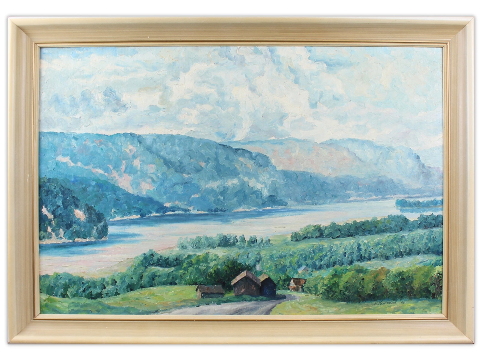 James Keirstead, Oil on Board Landscape Painting: James Keirstead (Canada, b.1932), original oil on board landscape painting. Signed and dated '60 along the bottom edge. Image size seen approx. 35-1/4" x 23-1/4", overall frame size approx. 40" x