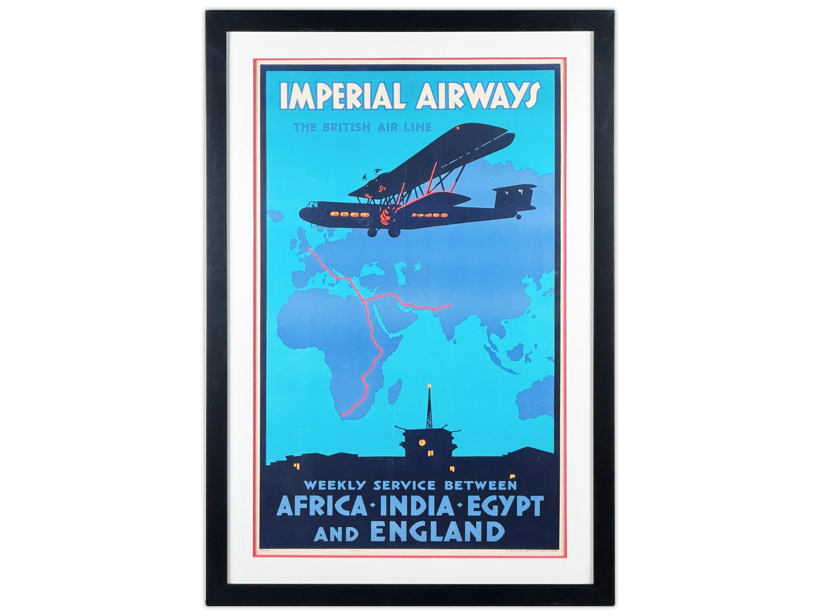 1930's Imperial Airways Travel Poster: 1930's Imperial Airways travel poster titled "The British Air Line," featuring a stylized aircraft flying over a map highlighting routes between Africa, India, Egypt, and England. Printed by The Briti